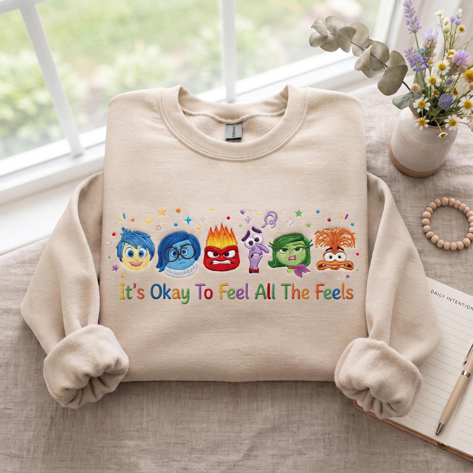 Inside Out Embroidered Sweatshirt, It’s Okay To Feel All The Feels Crewneck, Emotion Characters Mental Health Pullover Gift 4