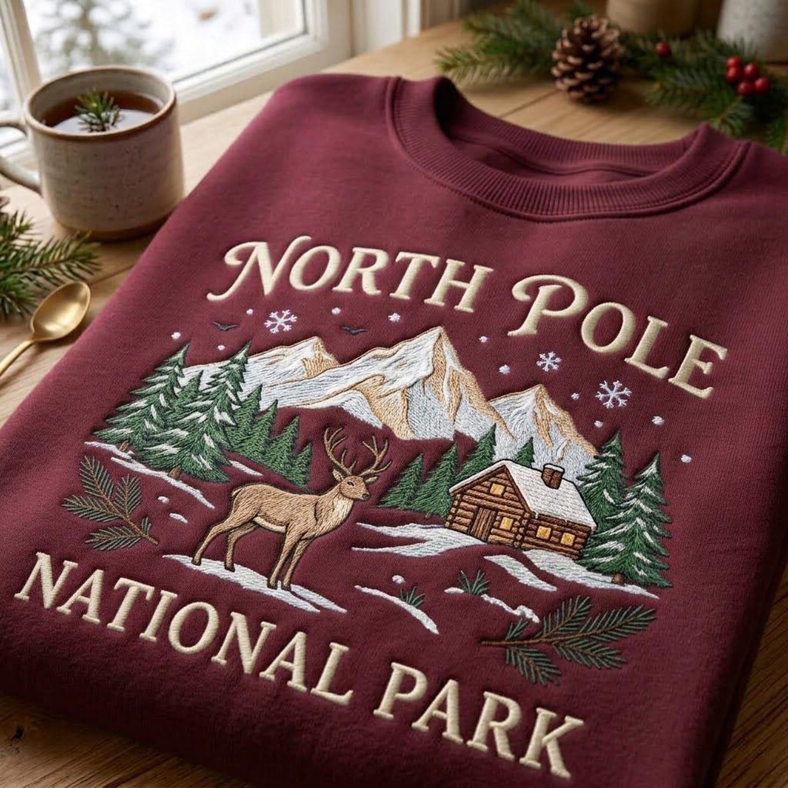 North Pole National Park Sweatshirt, Embroidered Reindeer Mountain Cabin Crewneck, Vintage Outdoor Christmas Holiday Pullover 3
