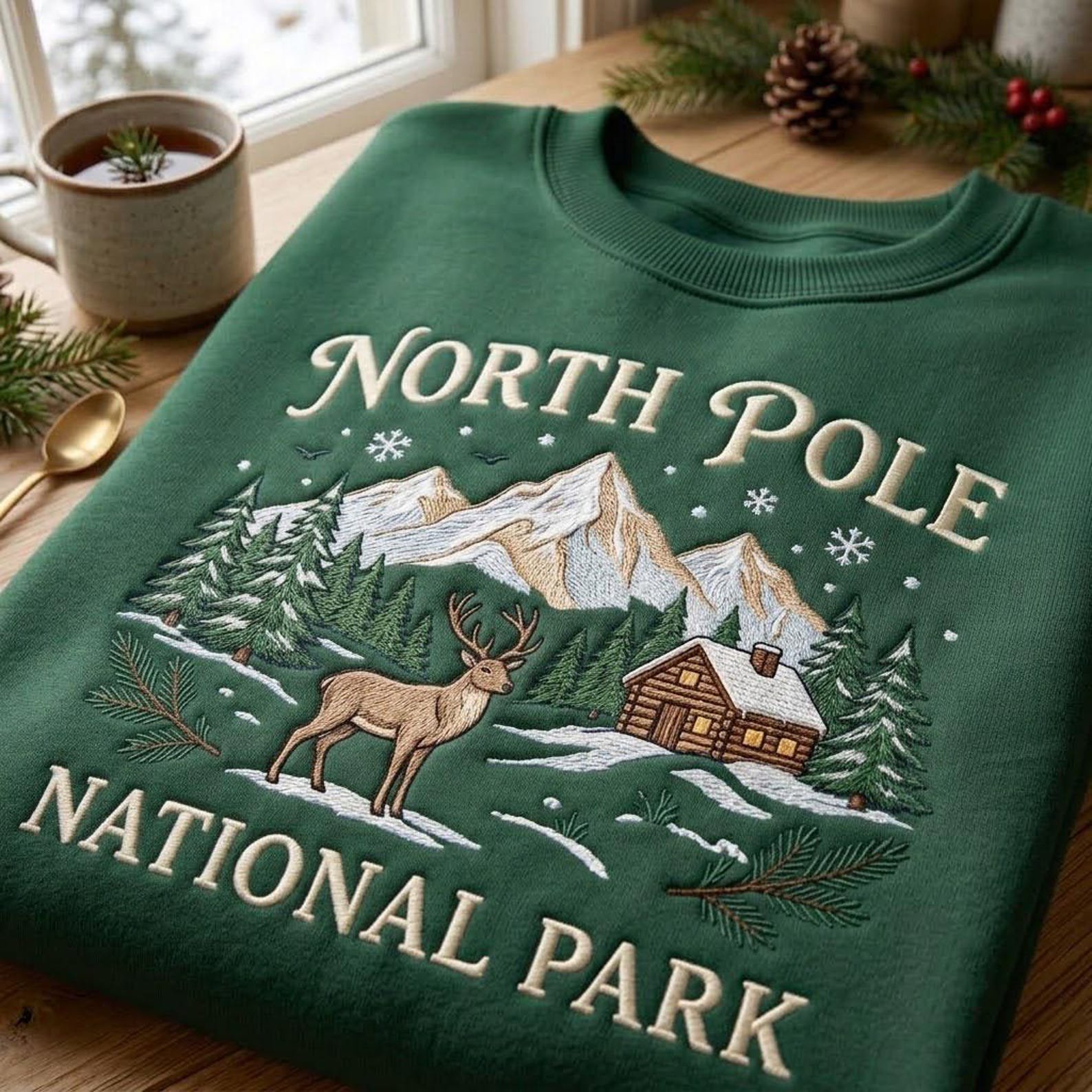 North Pole National Park Sweatshirt, Embroidered Reindeer Mountain Cabin Crewneck, Vintage Outdoor Christmas Holiday Pullover 1