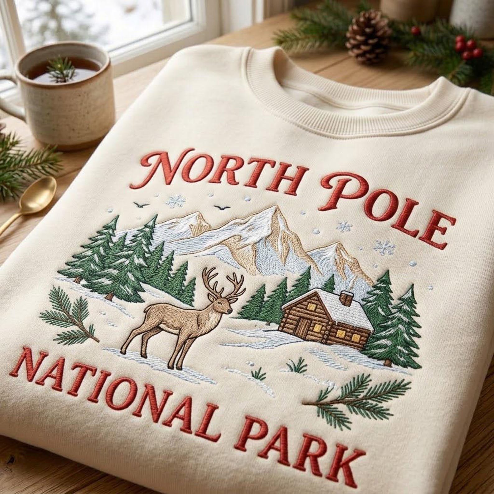 North Pole National Park Sweatshirt, Embroidered Reindeer Mountain Cabin Crewneck, Vintage Outdoor Christmas Holiday Pullover 4