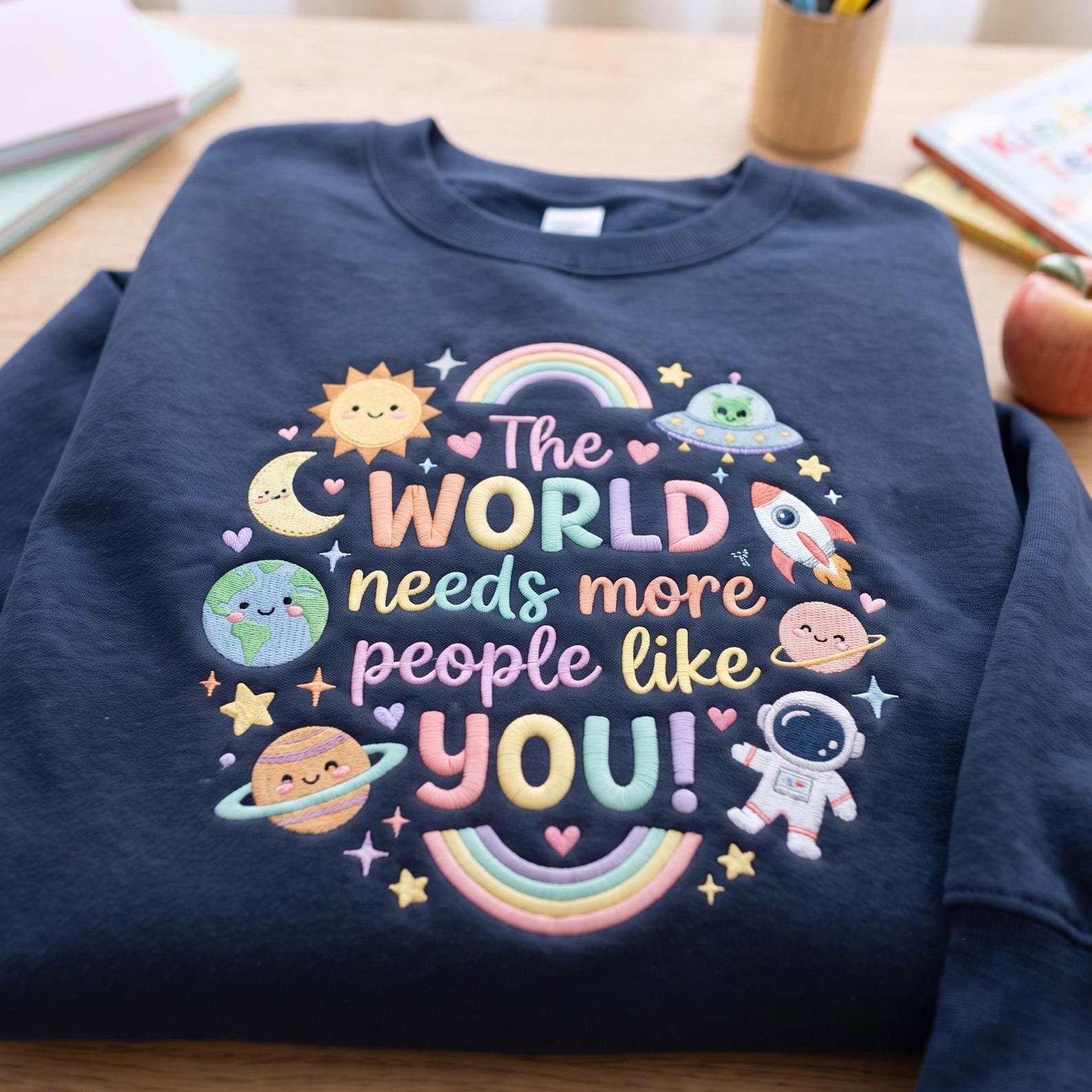The World Needs More People Like You Sweatshirt, Embroidered Space Crewneck, Rainbow Positive Affirmation Gift 1