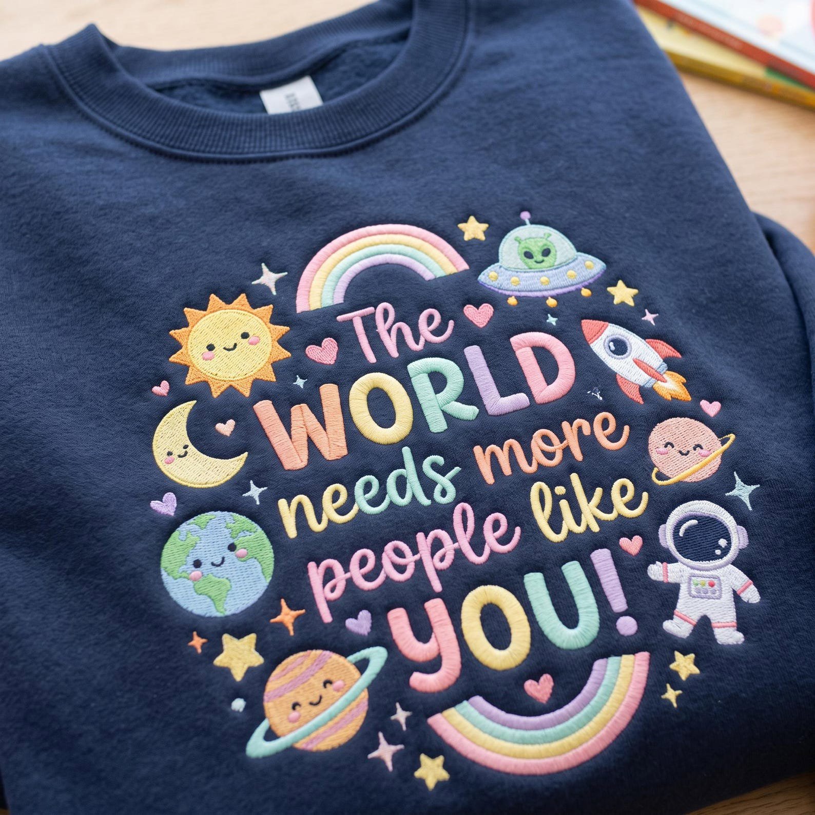 The World Needs More People Like You Sweatshirt, Embroidered Space Crewneck, Rainbow Positive Affirmation Gift 4