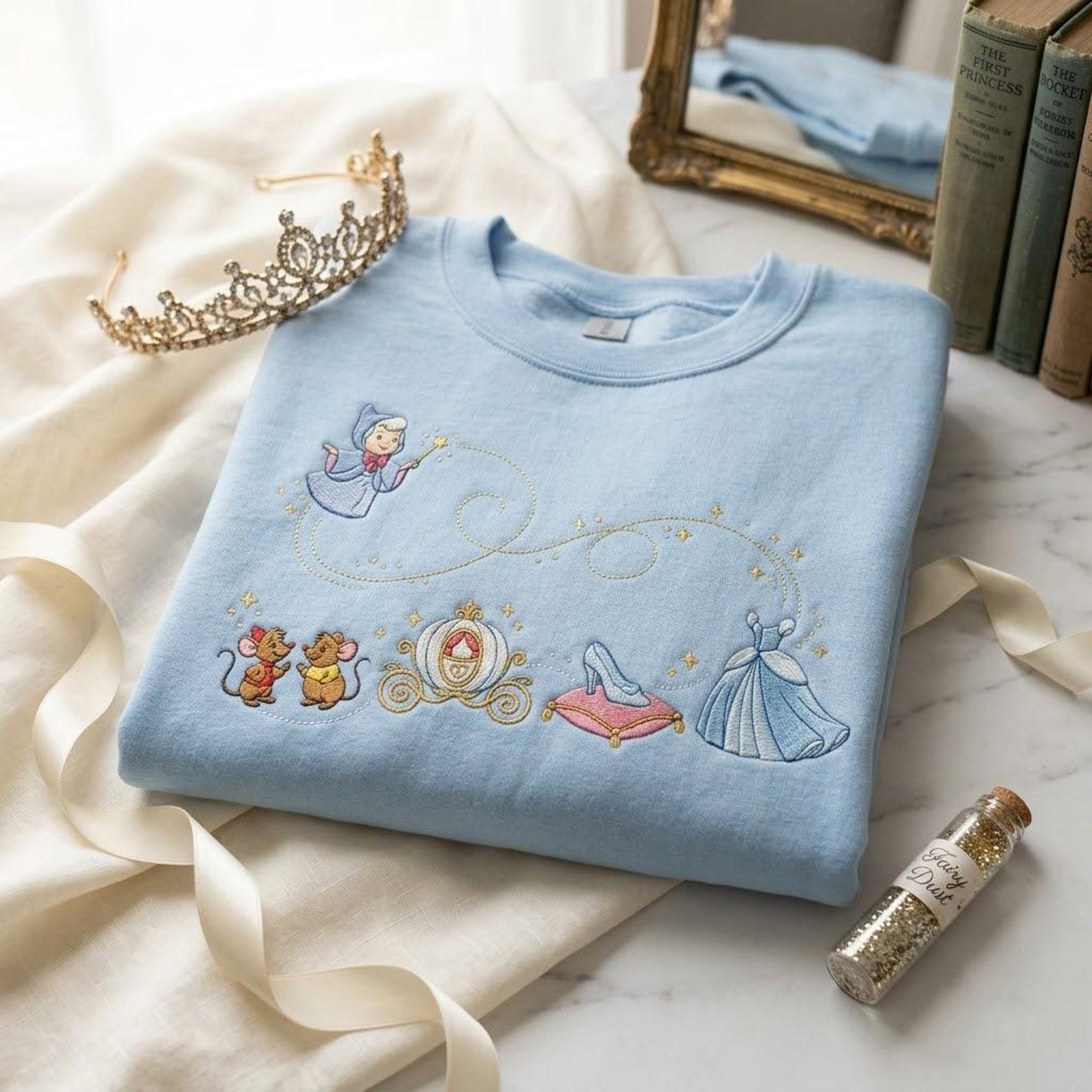 Fairy Tale Princess Embroidered Sweatshirt, Glass Slipper Pumpkin Carriage Crewneck, Magical Cinderella Inspired Storybook Gift 2