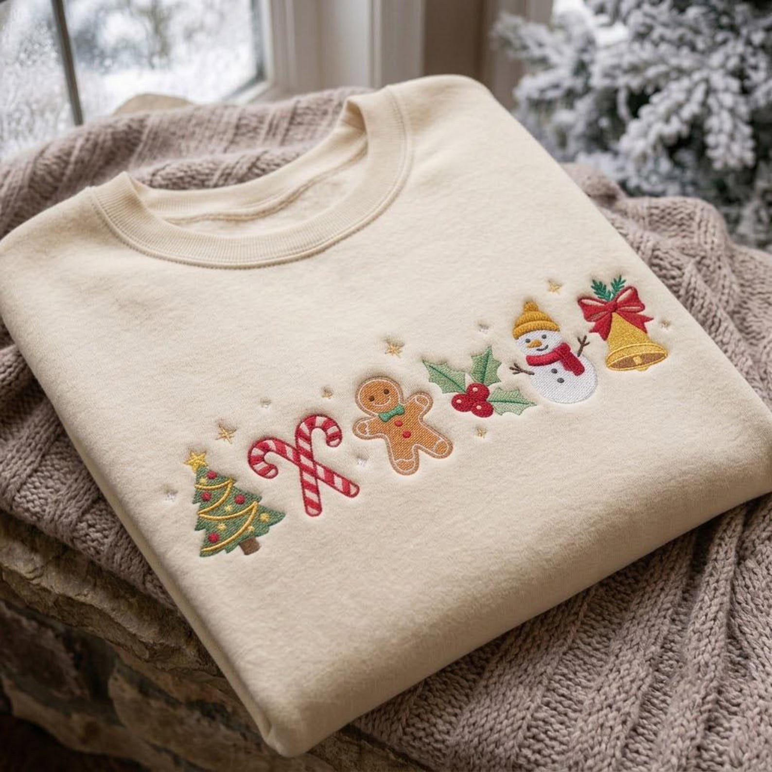 Embroidered Christmas Icon Sweatshirt, Cute Gingerbread Snowman Candy Cane Crewneck, Minimal Holiday Christmas Sweater, Festive Gift 2