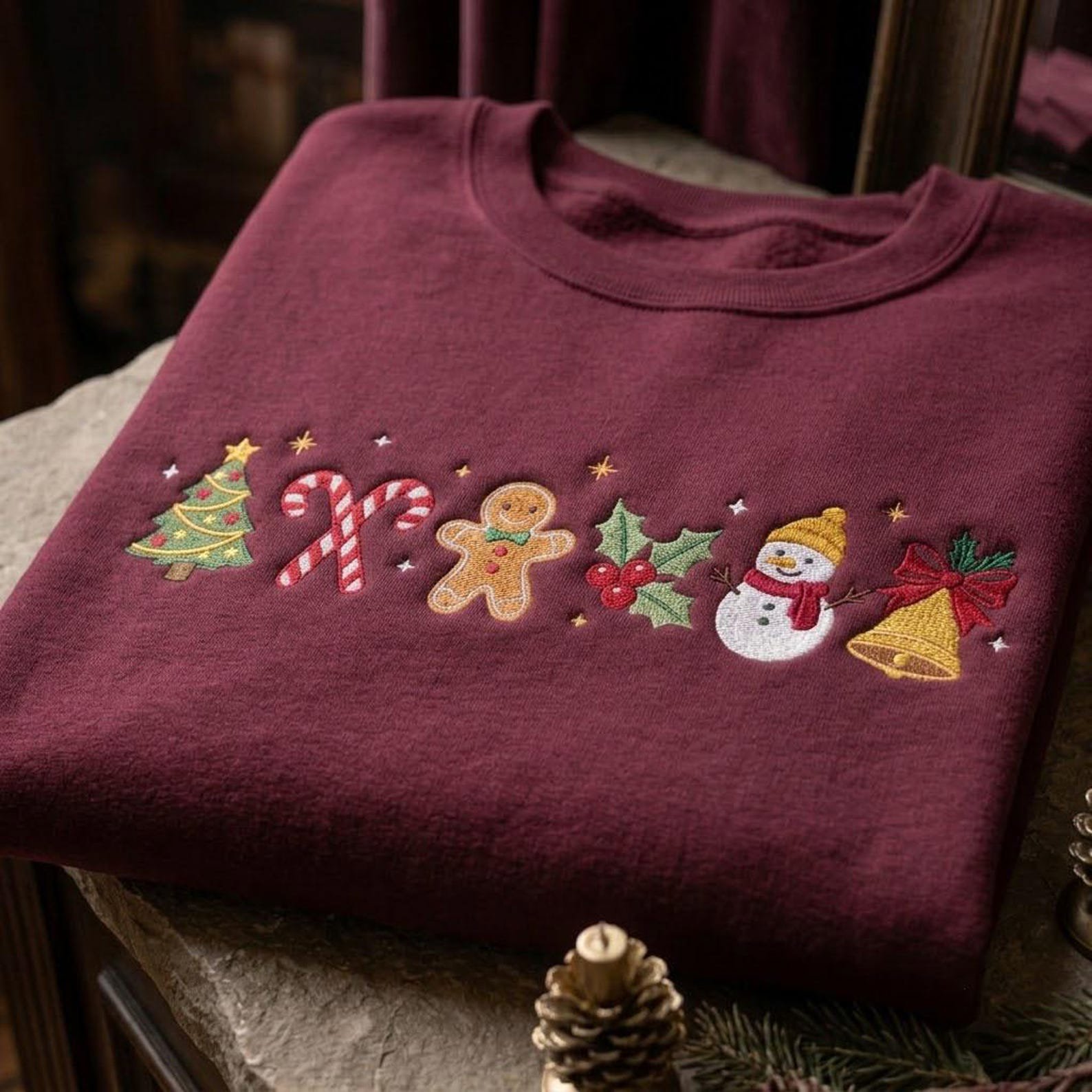 Embroidered Christmas Icon Sweatshirt, Cute Gingerbread Snowman Candy Cane Crewneck, Minimal Holiday Christmas Sweater, Festive Gift 4