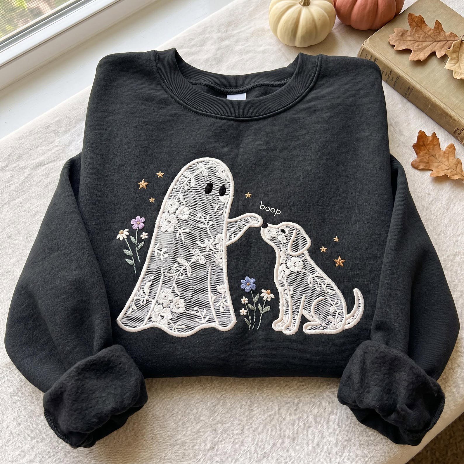 Embroidered Ghost Dog Lace Applique Sweatshirt, Skeleton Puppy Floral Shirt, Spooky Season Pet Lover Gift, Cute Boo-P Halloween Shirt 1