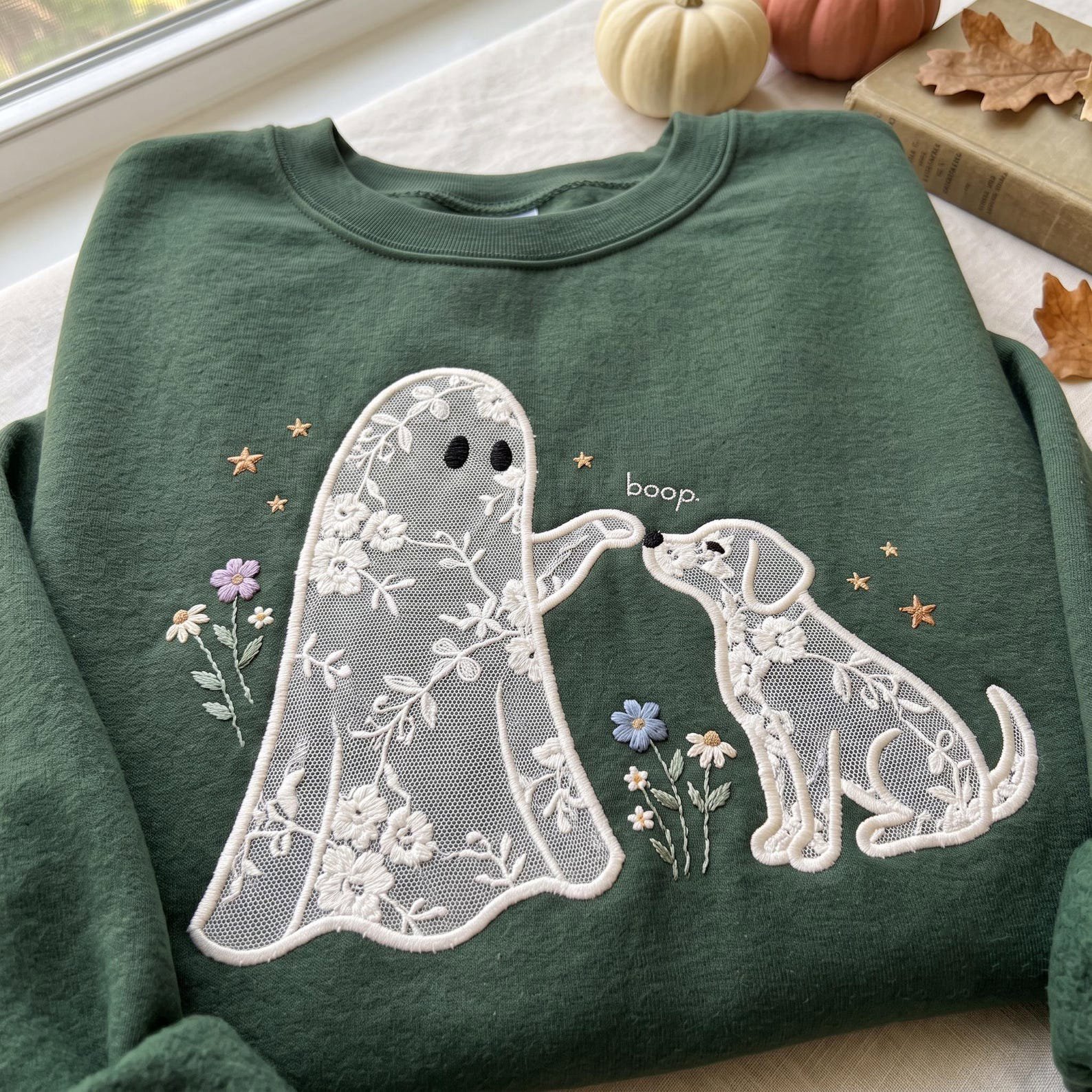 Embroidered Ghost Dog Lace Applique Sweatshirt, Skeleton Puppy Floral Shirt, Spooky Season Pet Lover Gift, Cute Boo-P Halloween Shirt 2