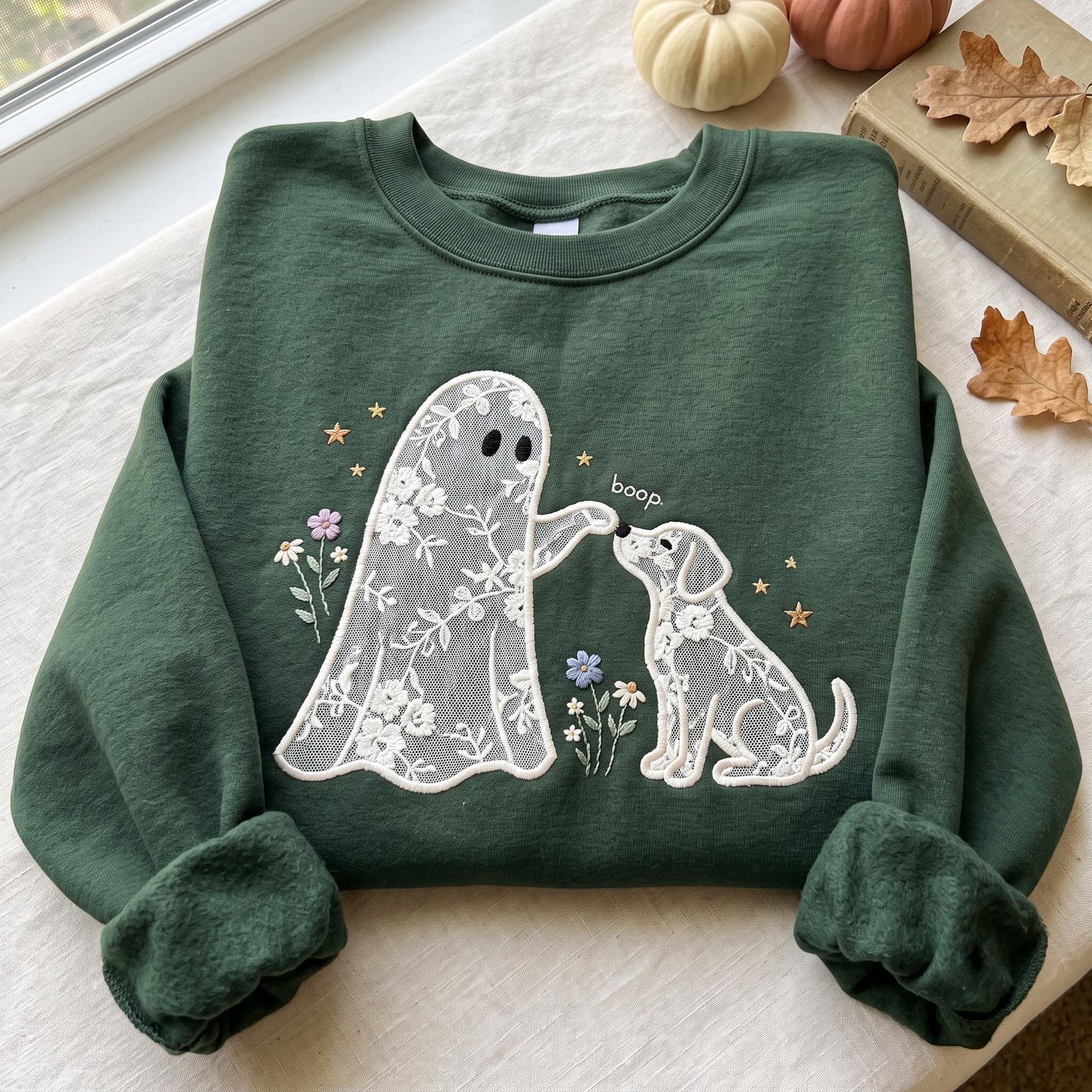 Embroidered Ghost Dog Lace Applique Sweatshirt, Skeleton Puppy Floral Shirt, Spooky Season Pet Lover Gift, Cute Boo-P Halloween Shirt 3