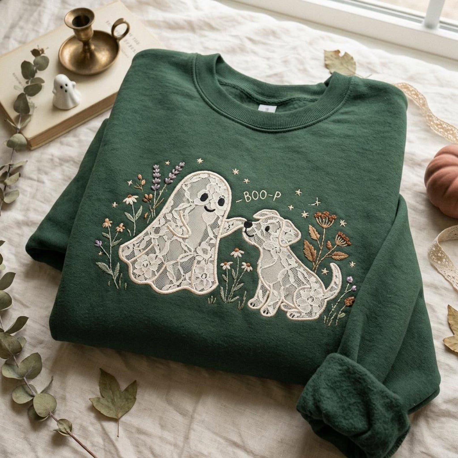 Embroidered Ghost Dog Lace Applique Sweatshirt, Cute Boo-P Halloween Shirt, Skeleton Puppy Floral Shirt, Spooky Season Pet Lover Gift 2