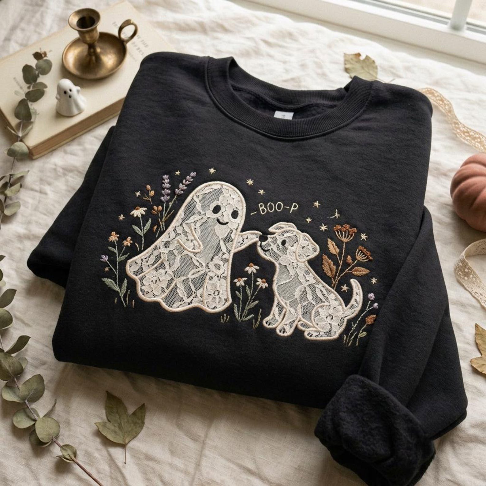 Embroidered Ghost Dog Lace Applique Sweatshirt, Cute Boo-P Halloween Shirt, Skeleton Puppy Floral Shirt, Spooky Season Pet Lover Gift 1