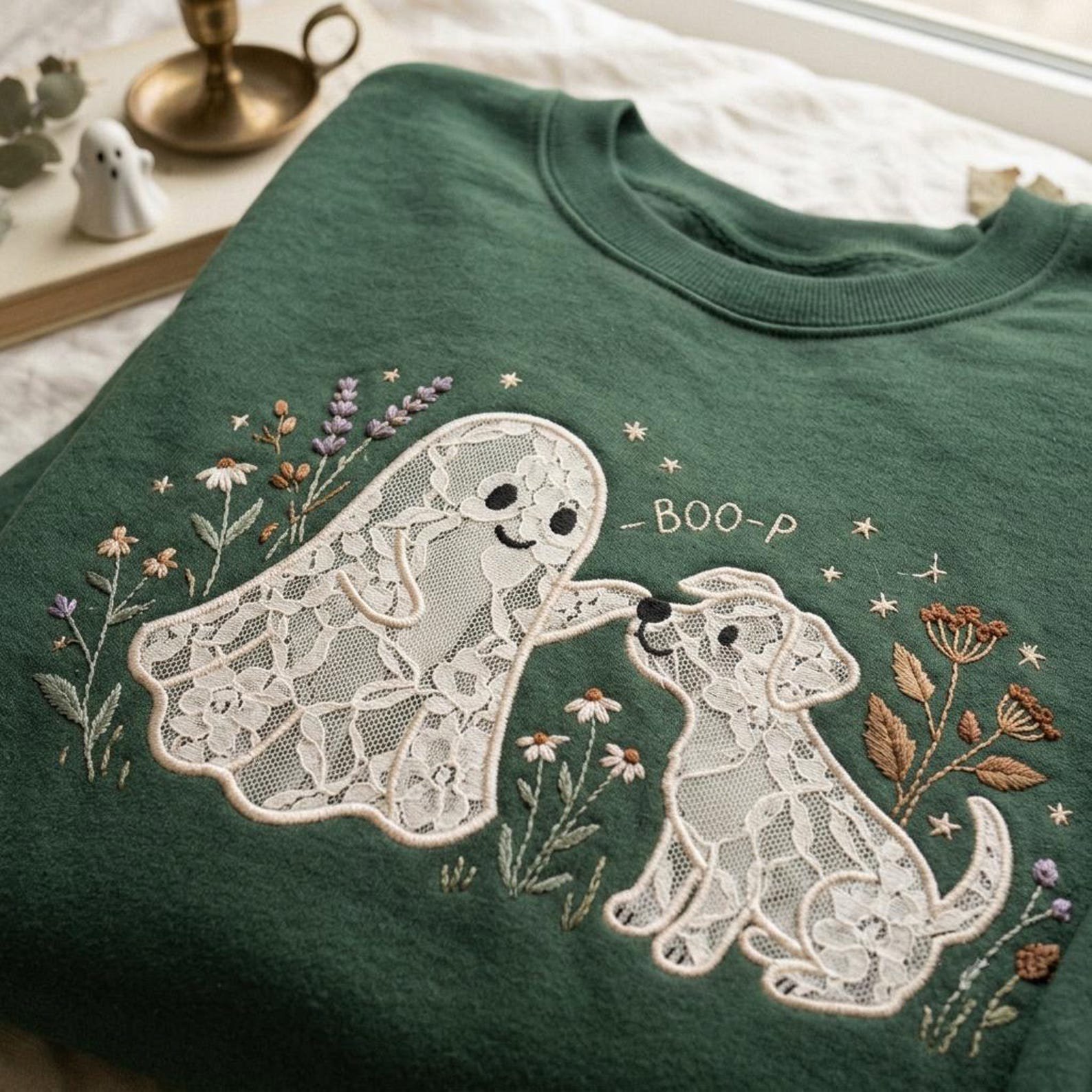 Embroidered Ghost Dog Lace Applique Sweatshirt, Cute Boo-P Halloween Shirt, Skeleton Puppy Floral Shirt, Spooky Season Pet Lover Gift 3