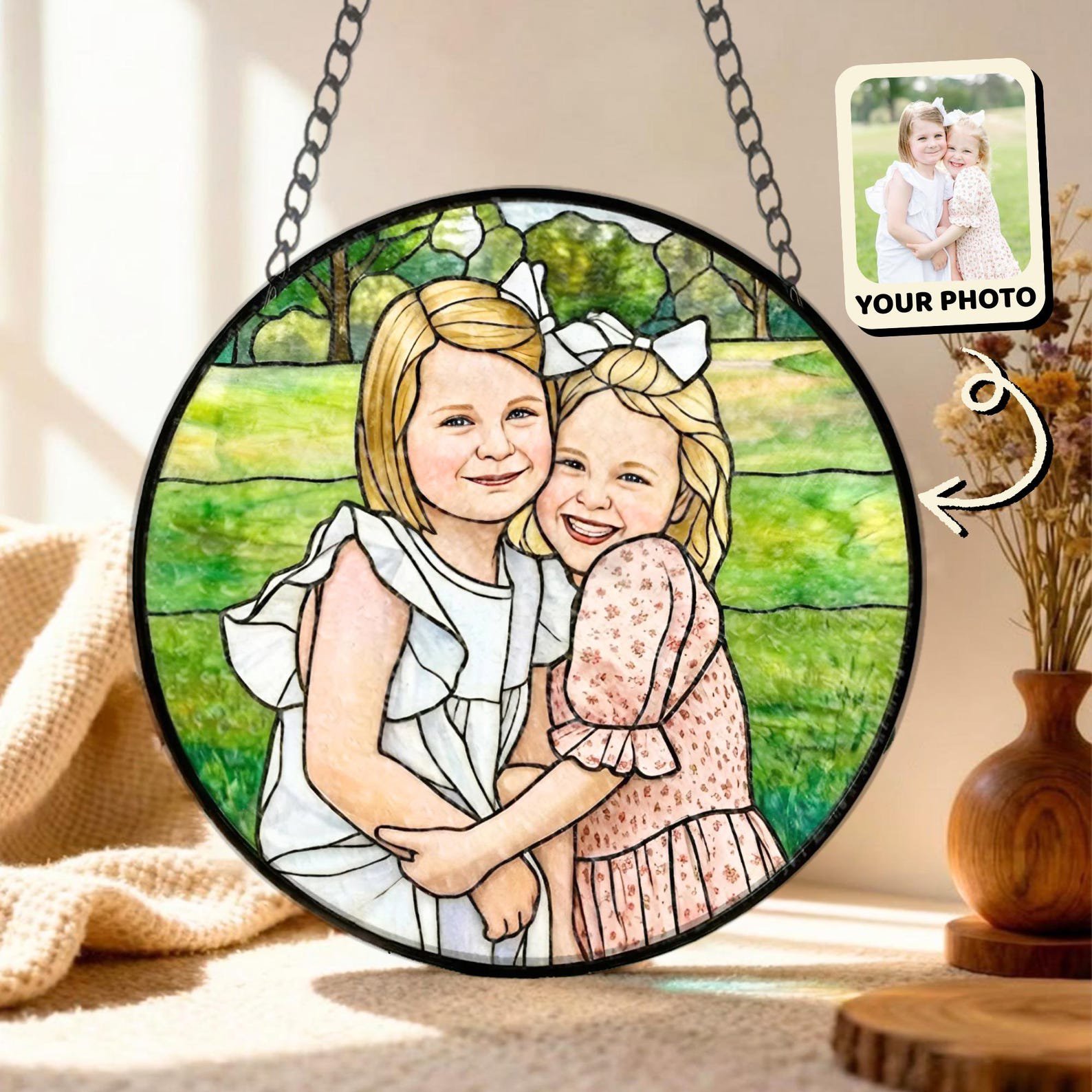 Custom Family Photo Stained Glass Suncatcher, Personalized Portrait Suncatcher, Holiday Keepsake, Custom Photo Gift For Mother, Gift For Dad 1