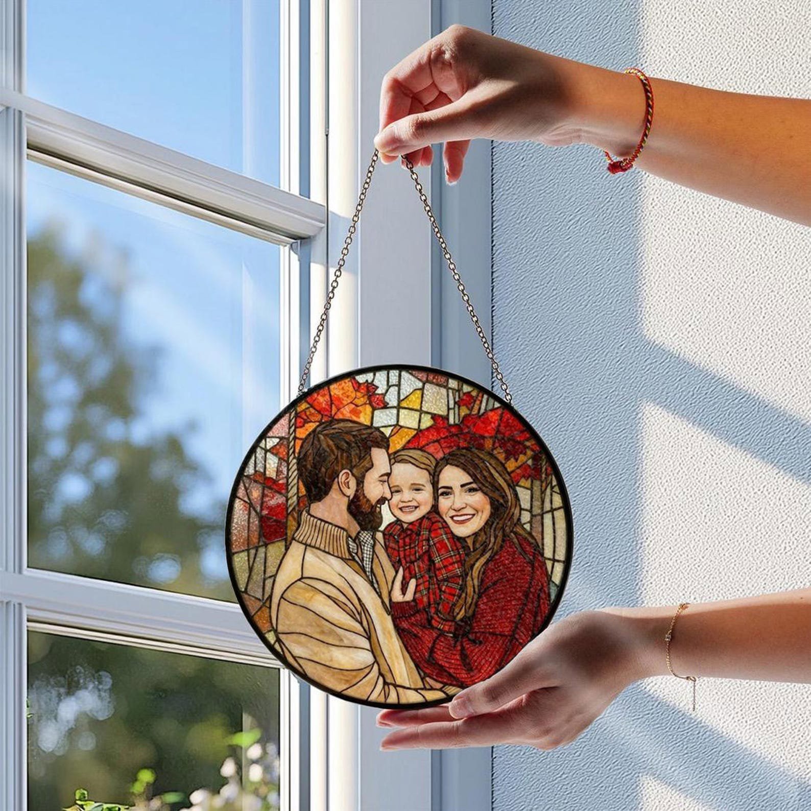 Custom Family Photo Stained Glass Suncatcher, Personalized Portrait Suncatcher, Holiday Keepsake, Custom Photo Gift For Mother, Gift For Dad 3