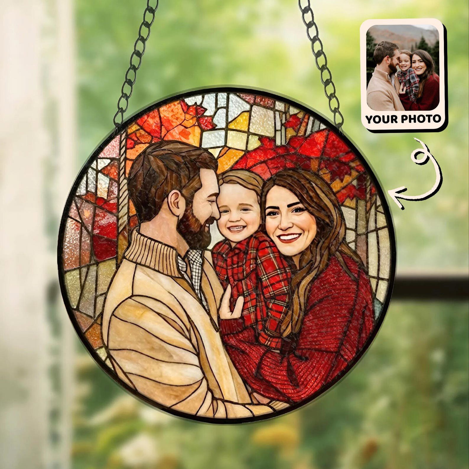 Custom Family Photo Stained Glass Suncatcher, Personalized Portrait Suncatcher, Holiday Keepsake, Custom Photo Gift For Mother, Gift For Dad 6