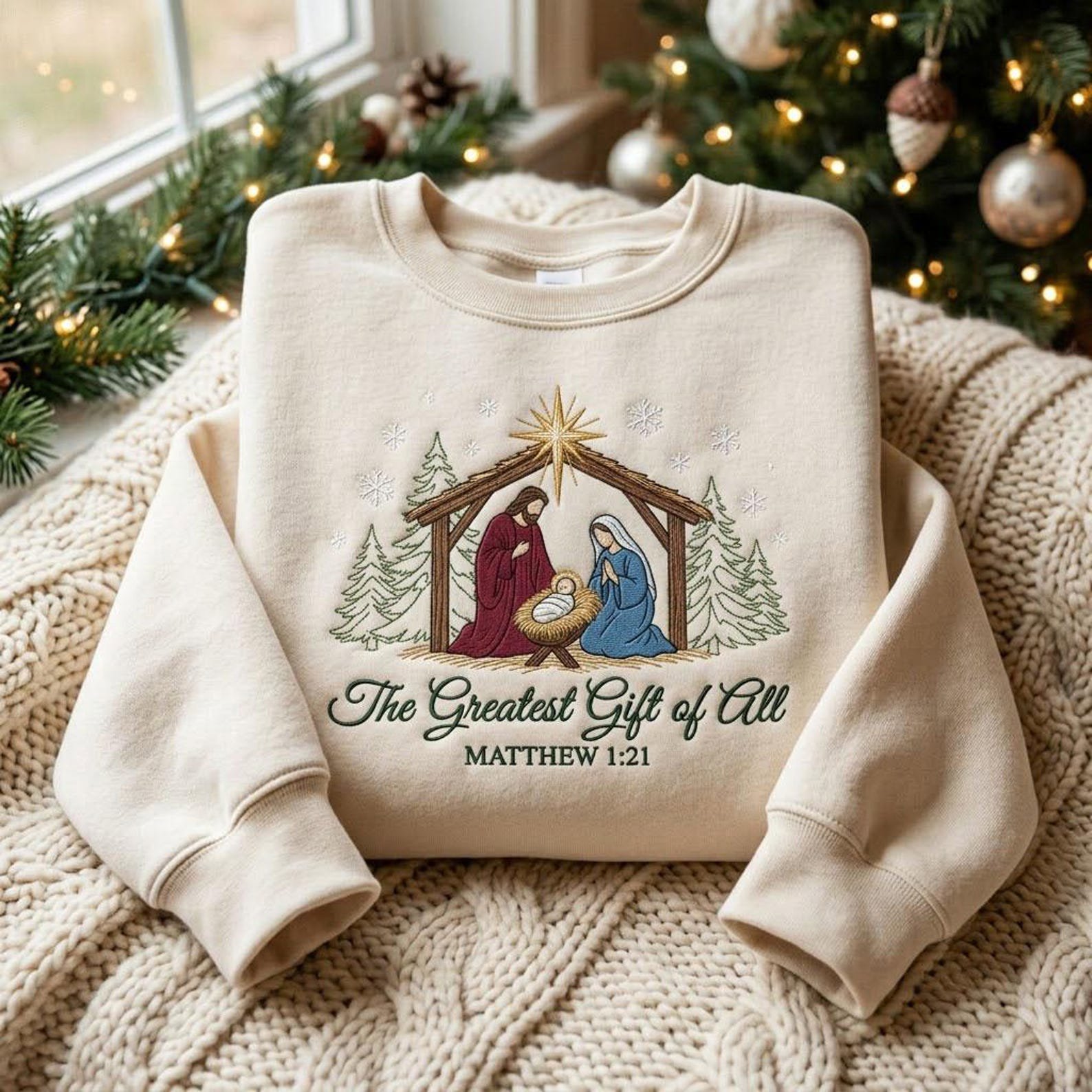 Christian Christmas Sweatshirt, Embroidered Nativity Scene Sweater, Greatest Gift of All Jesus Shirt, Bible Verse Faith Gift 4