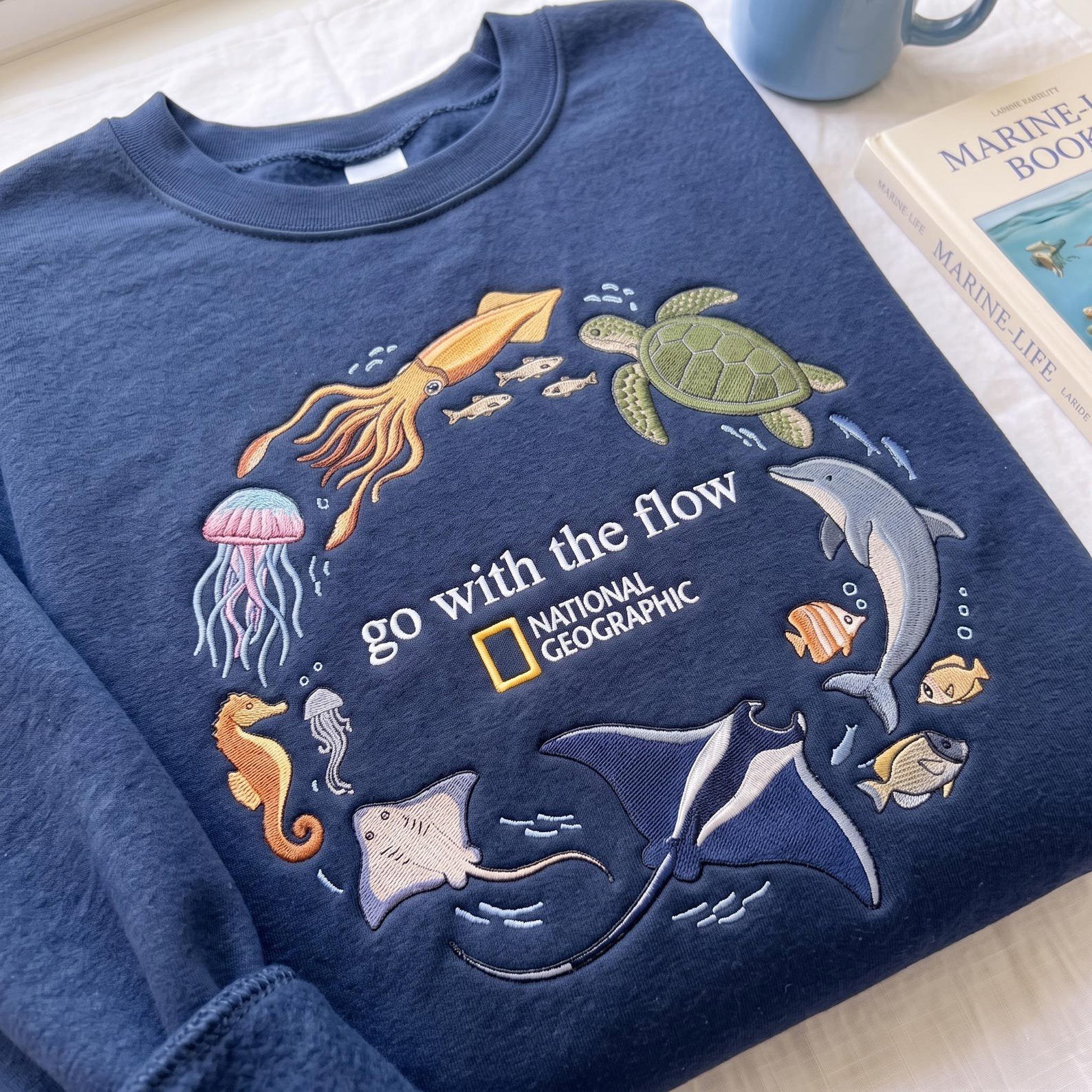 Go With The Flow Embroidered Sweatshirt, Ocean Shirt, Marine Animals Shirt, Marine Life Gifts, Aquarium Lover Gift, Coastal Pullover 1