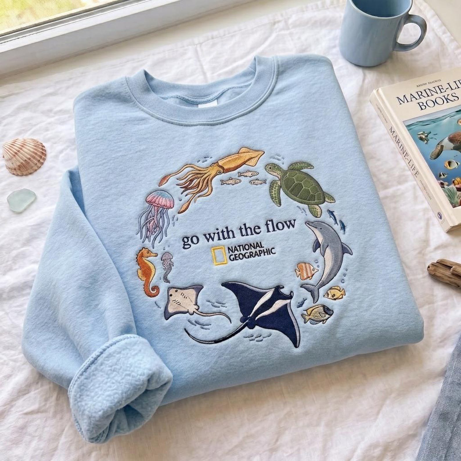 Go With The Flow Embroidered Sweatshirt, Ocean Shirt, Marine Animals Shirt, Marine Life Gifts, Aquarium Lover Gift, Coastal Pullover 2