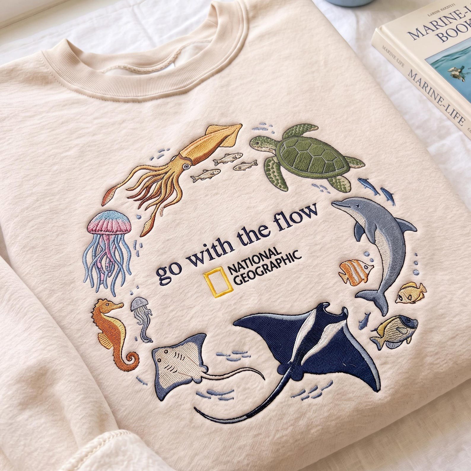 Go With The Flow Embroidered Sweatshirt, Ocean Shirt, Marine Animals Shirt, Marine Life Gifts, Aquarium Lover Gift, Coastal Pullover 3