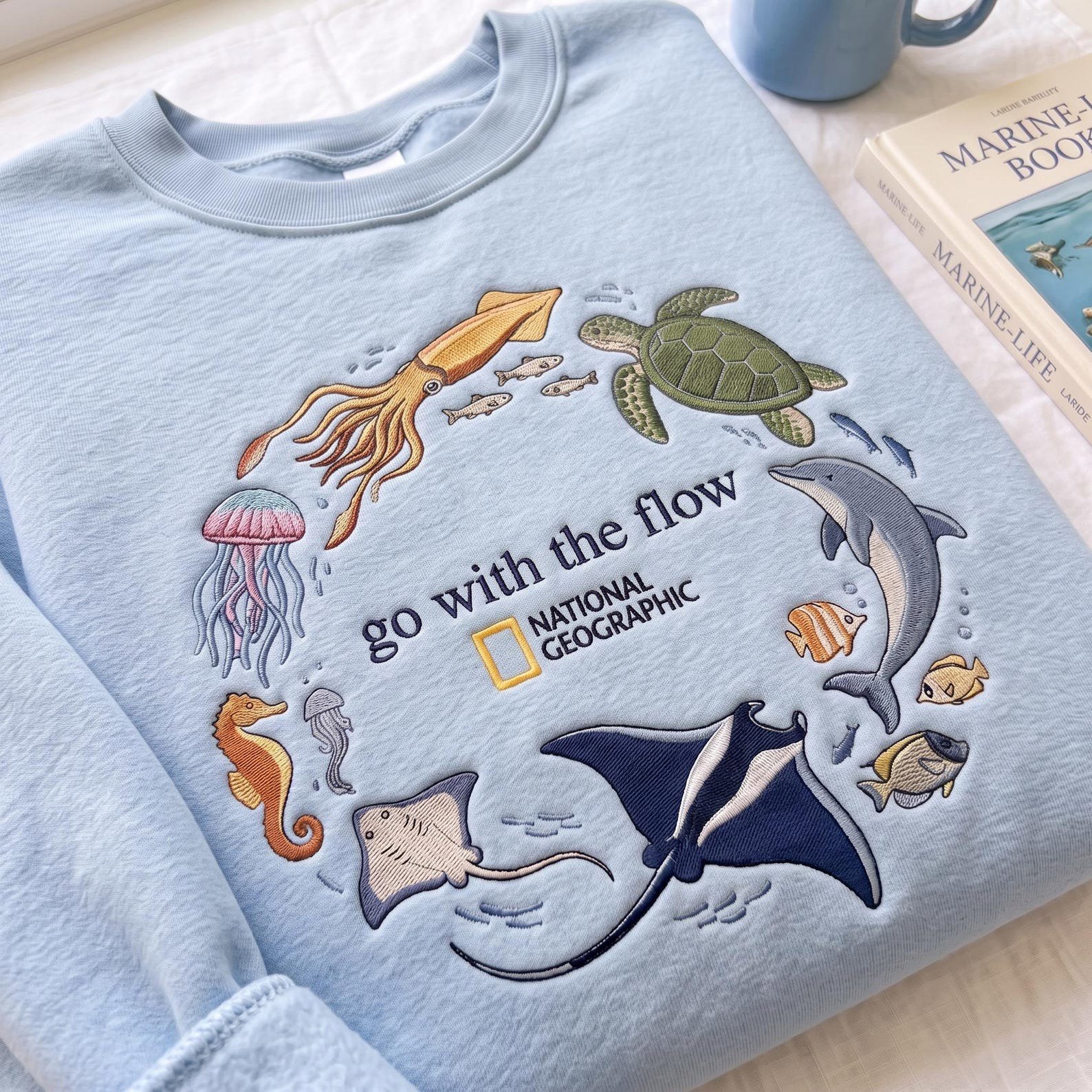 Go With The Flow Embroidered Sweatshirt, Ocean Shirt, Marine Animals Shirt, Marine Life Gifts, Aquarium Lover Gift, Coastal Pullover 4