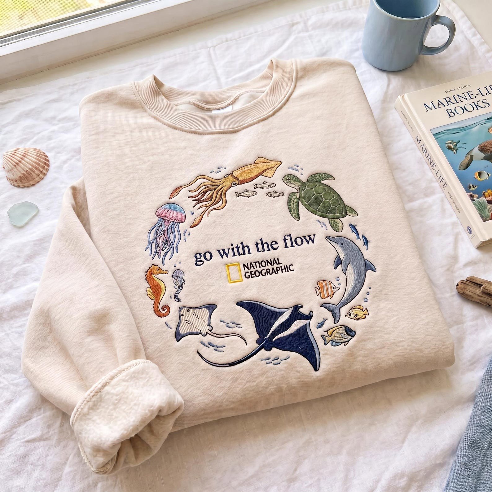Go With The Flow Embroidered Sweatshirt, Ocean Shirt, Marine Animals Shirt, Marine Life Gifts, Aquarium Lover Gift, Coastal Pullover 5