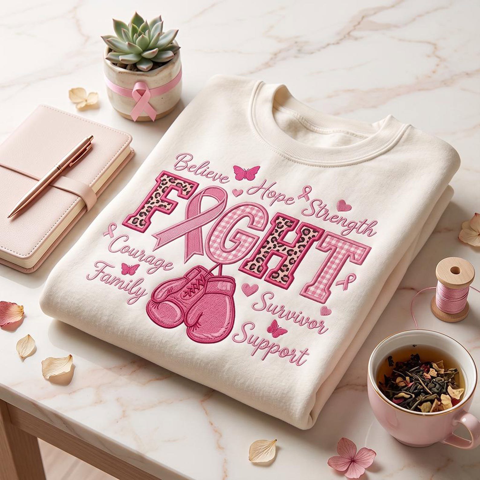 Fight Breast Cancer Embroidered Sweatshirt, Pink Ribbon Survivor Crewneck, Believe Hope Strength Shirt, Cancer Awareness Support Gift 1