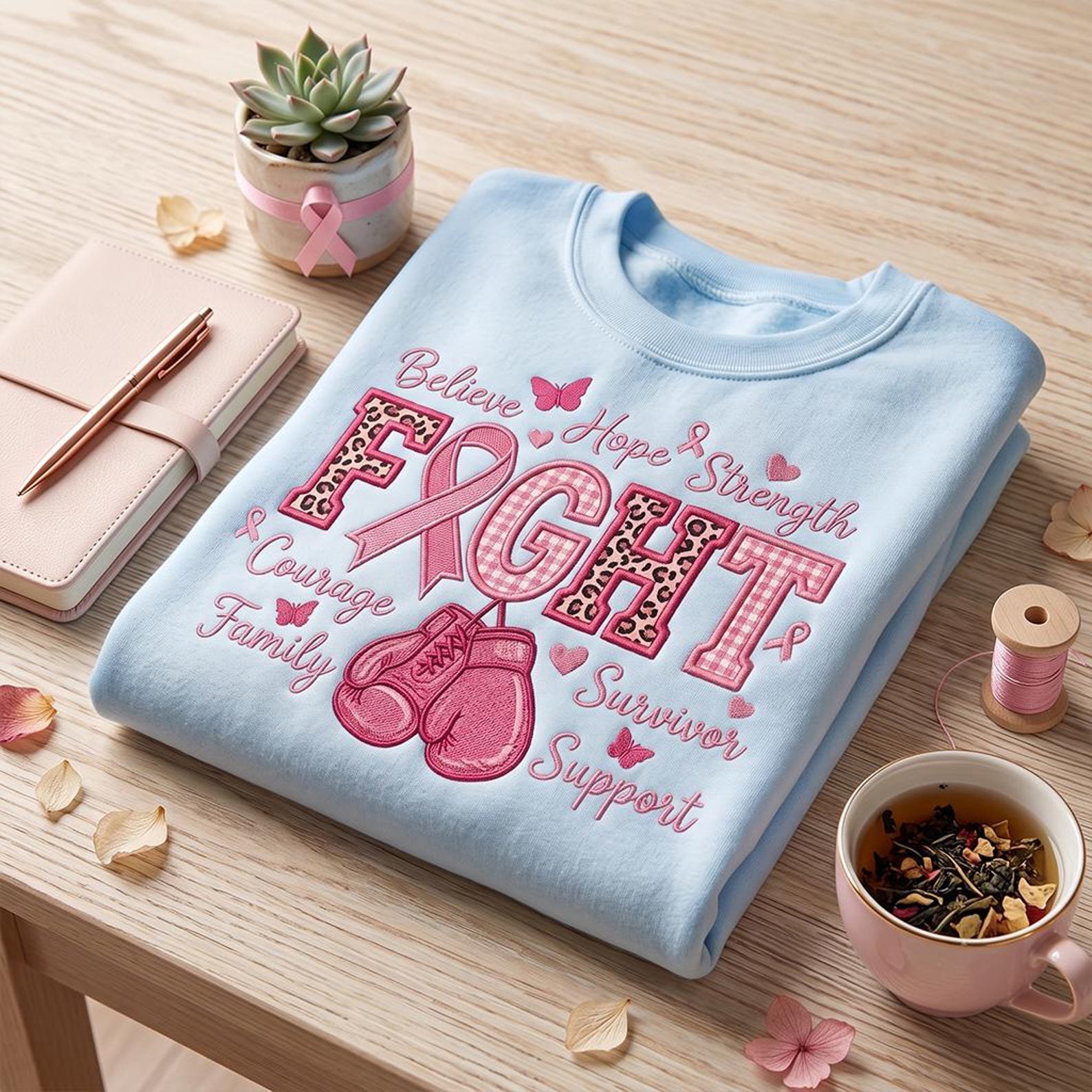 Fight Breast Cancer Embroidered Sweatshirt, Pink Ribbon Survivor Crewneck, Believe Hope Strength Shirt, Cancer Awareness Support Gift 3