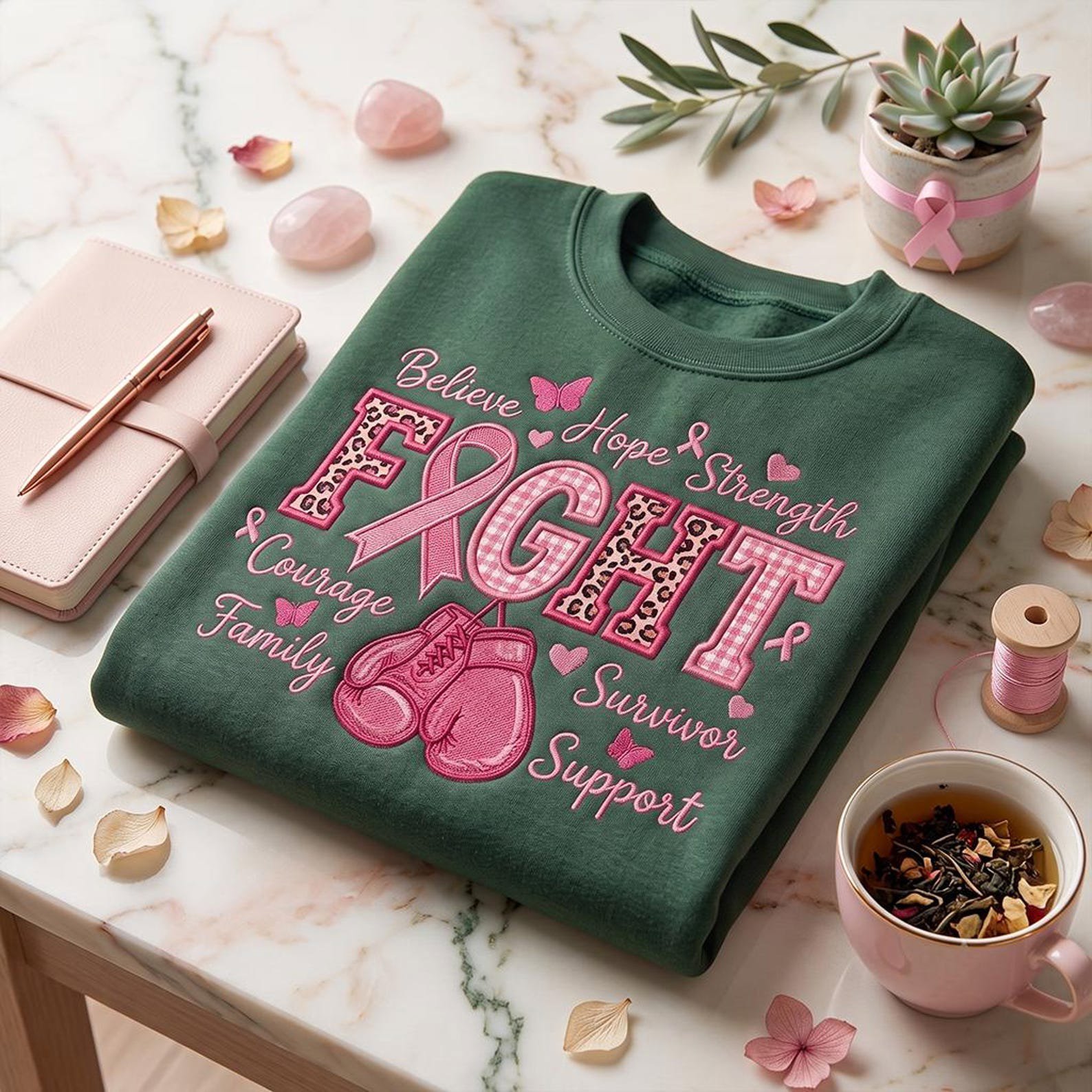 Fight Breast Cancer Embroidered Sweatshirt, Pink Ribbon Survivor Crewneck, Believe Hope Strength Shirt, Cancer Awareness Support Gift 2