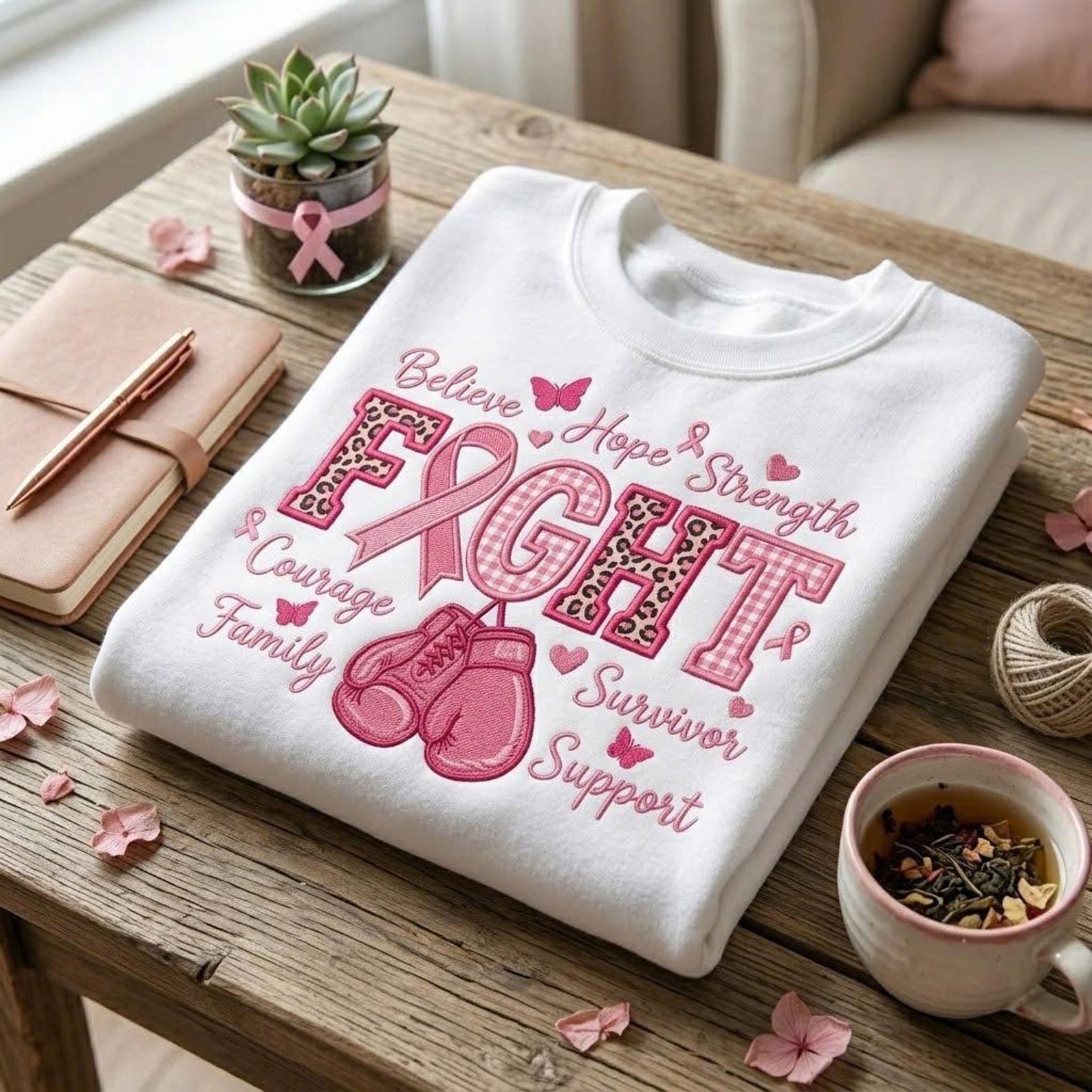 Fight Breast Cancer Embroidered Sweatshirt, Pink Ribbon Survivor Crewneck, Believe Hope Strength Shirt, Cancer Awareness Support Gift 4