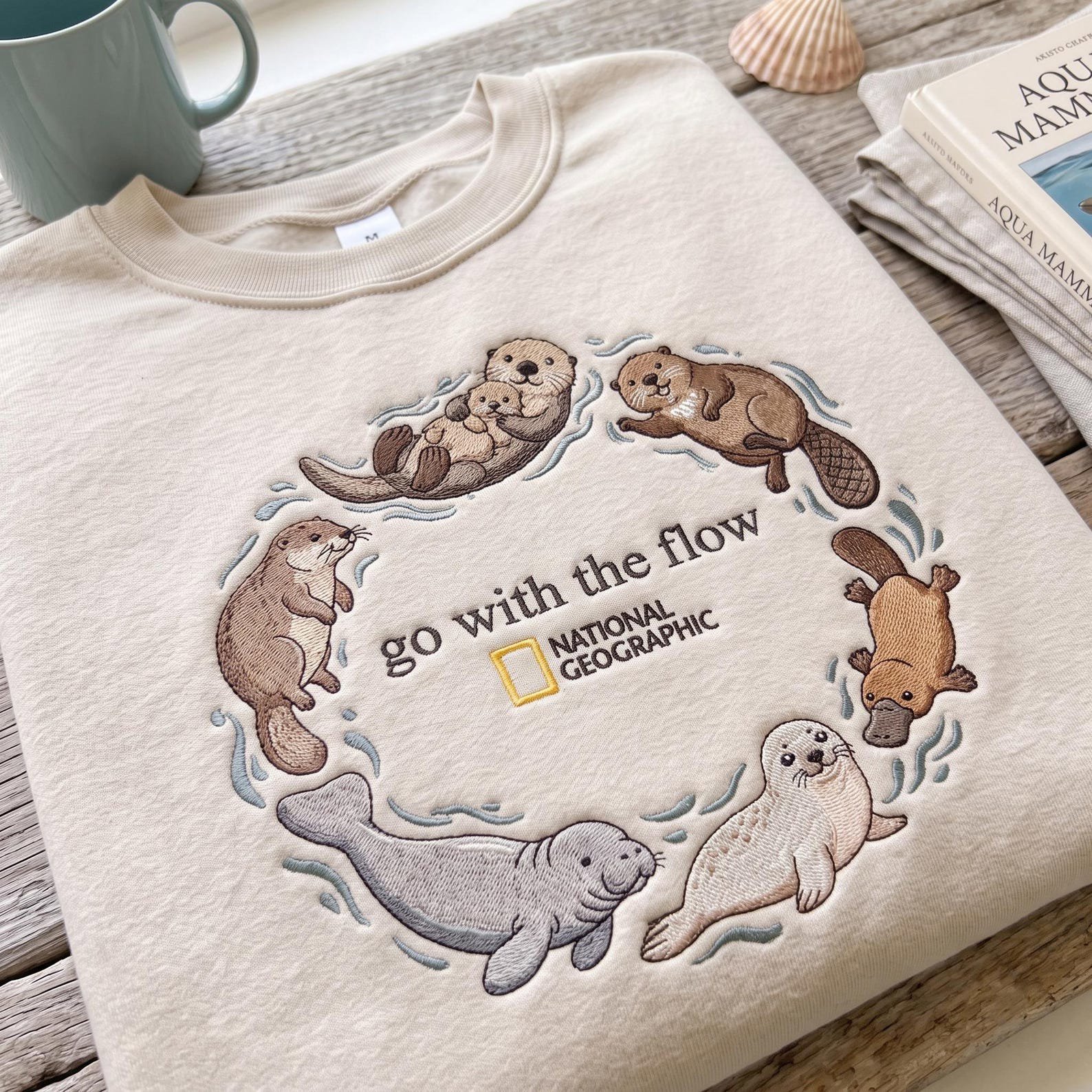 Aquatic Mammals Go With The Flow Embroidered Sweatshirt, Go With The Flow Otter Beaver Platypus Shirt, Cute Marine Wildlife Lover Gift 1