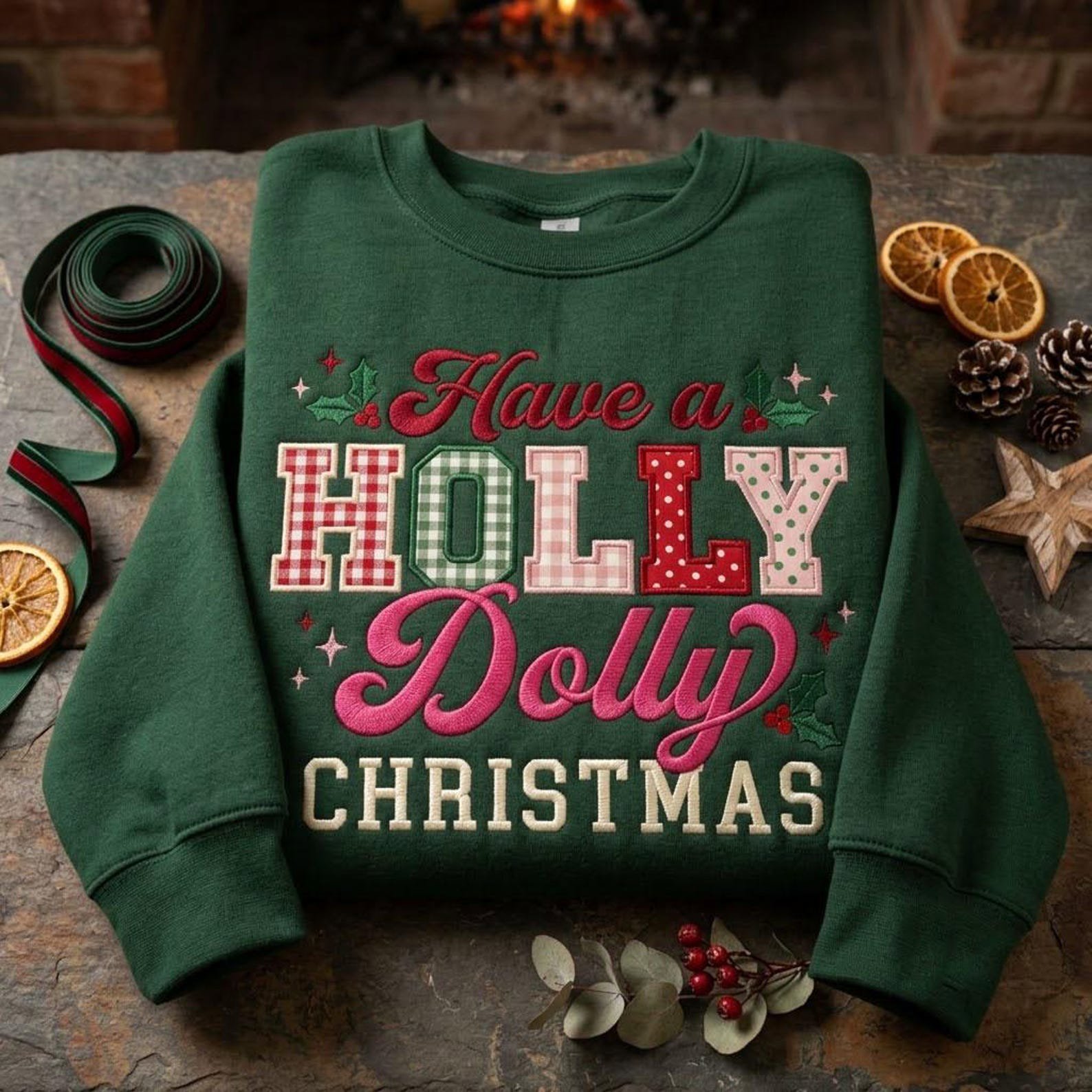 Have a Holly Dolly Christmas Sweatshirt, Embroidered Gingham Applique Crewneck, Holiday Country Music Shirt 3