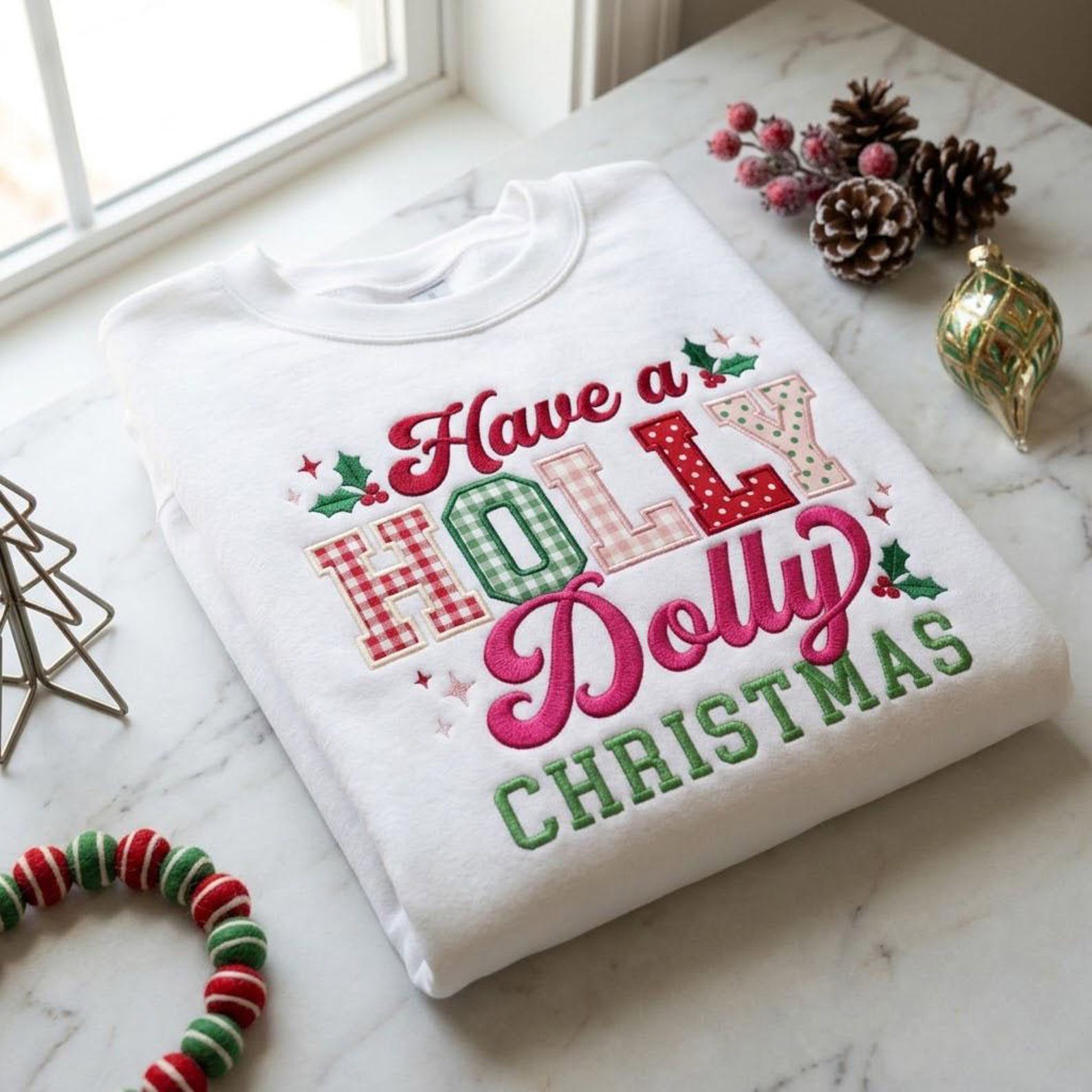 Have a Holly Dolly Christmas Sweatshirt, Embroidered Gingham Applique Crewneck, Holiday Country Music Shirt 1