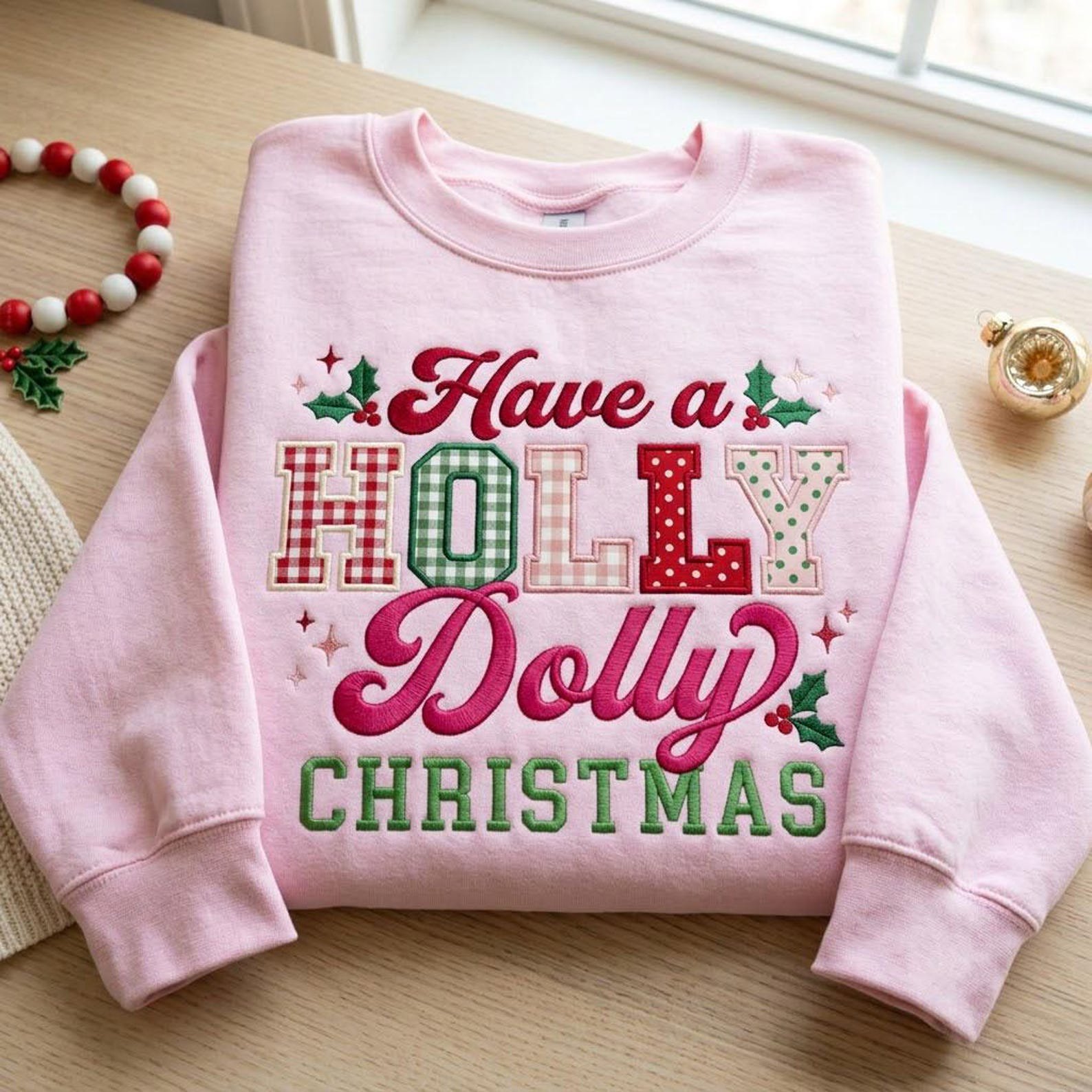 Have a Holly Dolly Christmas Sweatshirt, Embroidered Gingham Applique Crewneck, Holiday Country Music Shirt 4
