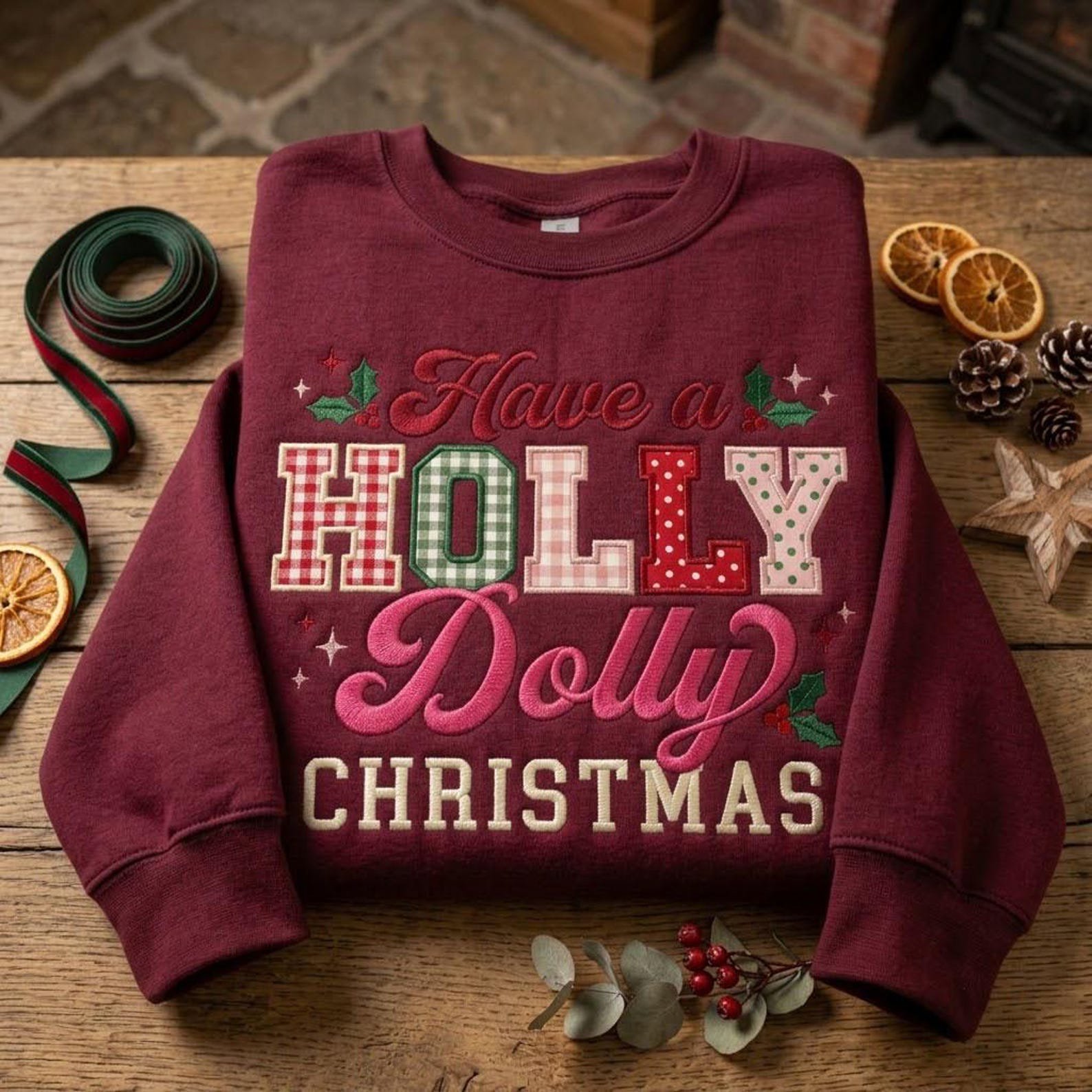 Have a Holly Dolly Christmas Sweatshirt, Embroidered Gingham Applique Crewneck, Holiday Country Music Shirt 5
