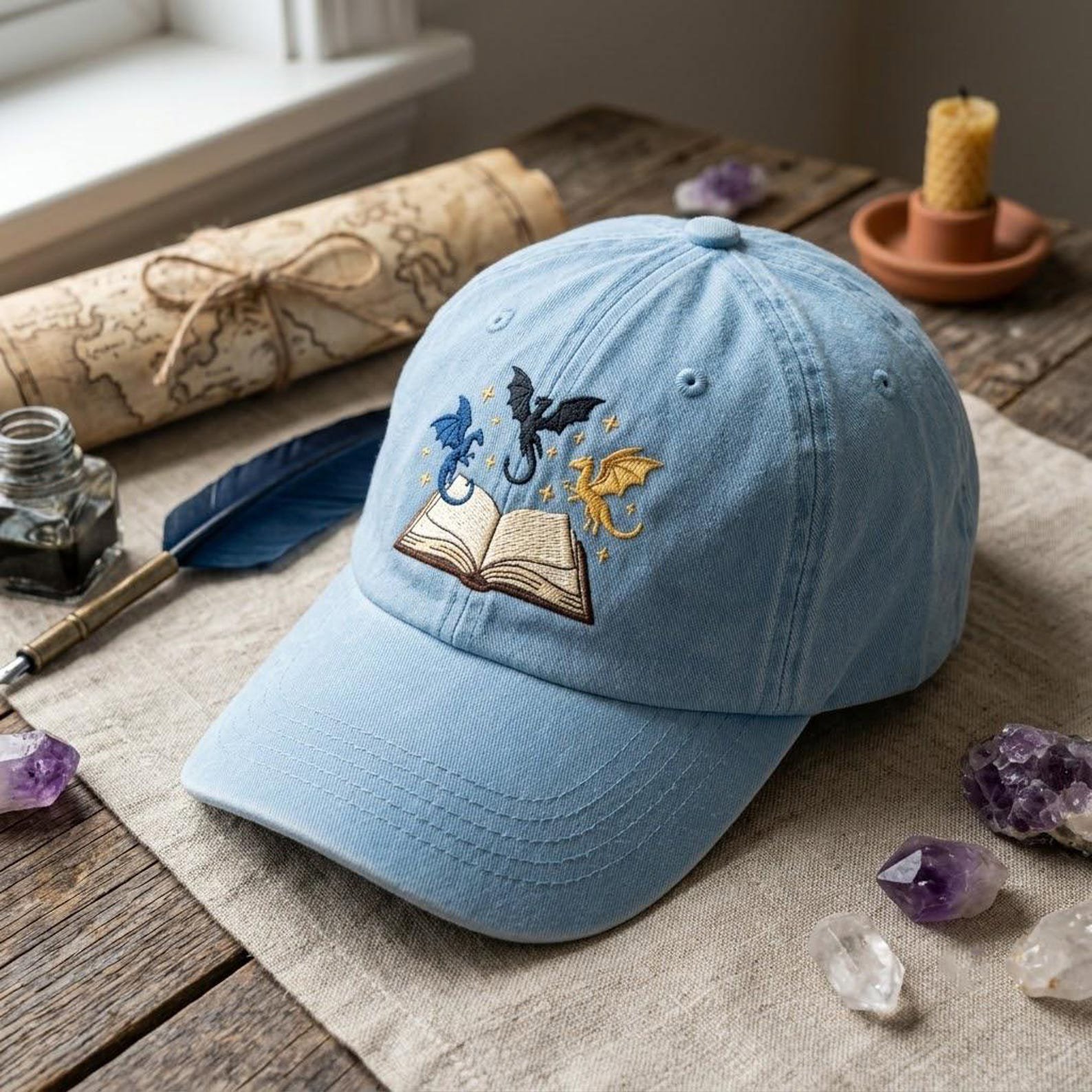 Embroidered Book Dragon Washed Hat, Fantasy Reader Baseball Cap, Magical Library Dad Hat, Bookworm Gift, Whimsical Reading Style Cap 2