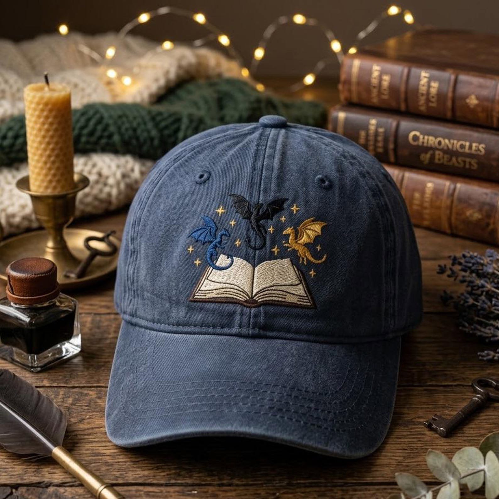 Embroidered Book Dragon Washed Hat, Fantasy Reader Baseball Cap, Magical Library Dad Hat, Bookworm Gift, Whimsical Reading Style Cap 3