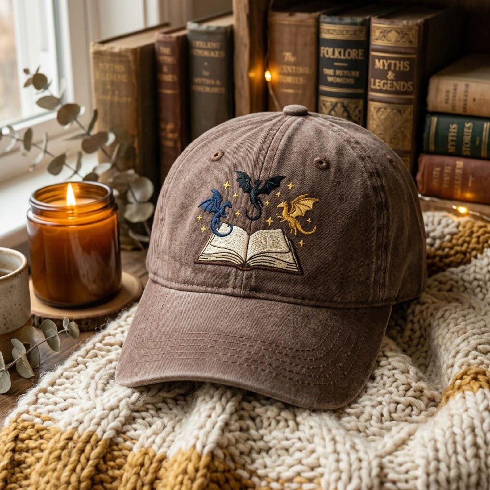 Embroidered Book Dragon Washed Hat, Fantasy Reader Baseball Cap, Magical Library Dad Hat, Bookworm Gift, Whimsical Reading Style Cap 1