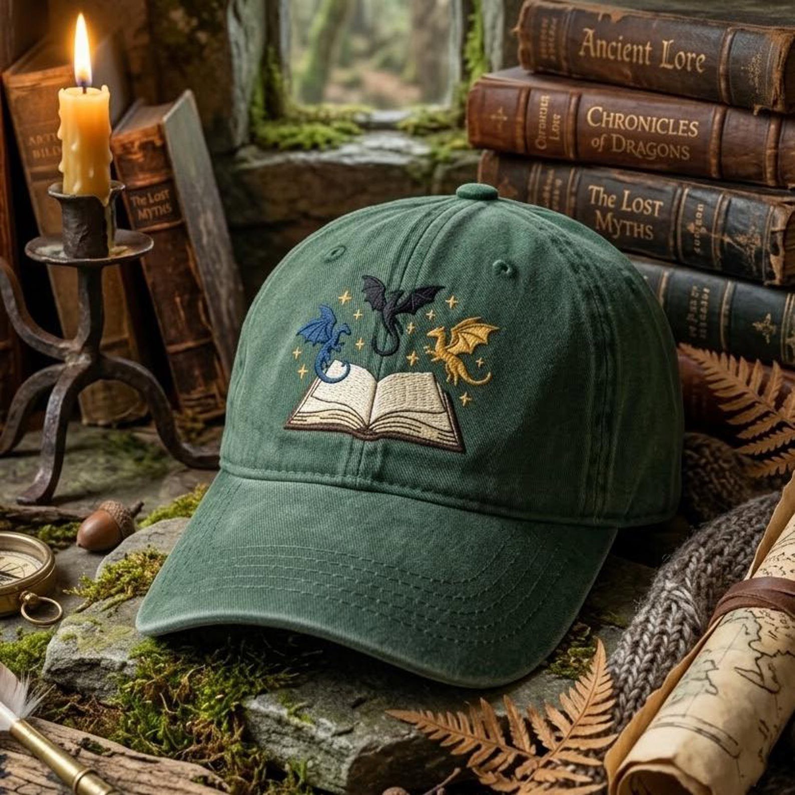 Embroidered Book Dragon Washed Hat, Fantasy Reader Baseball Cap, Magical Library Dad Hat, Bookworm Gift, Whimsical Reading Style Cap 4