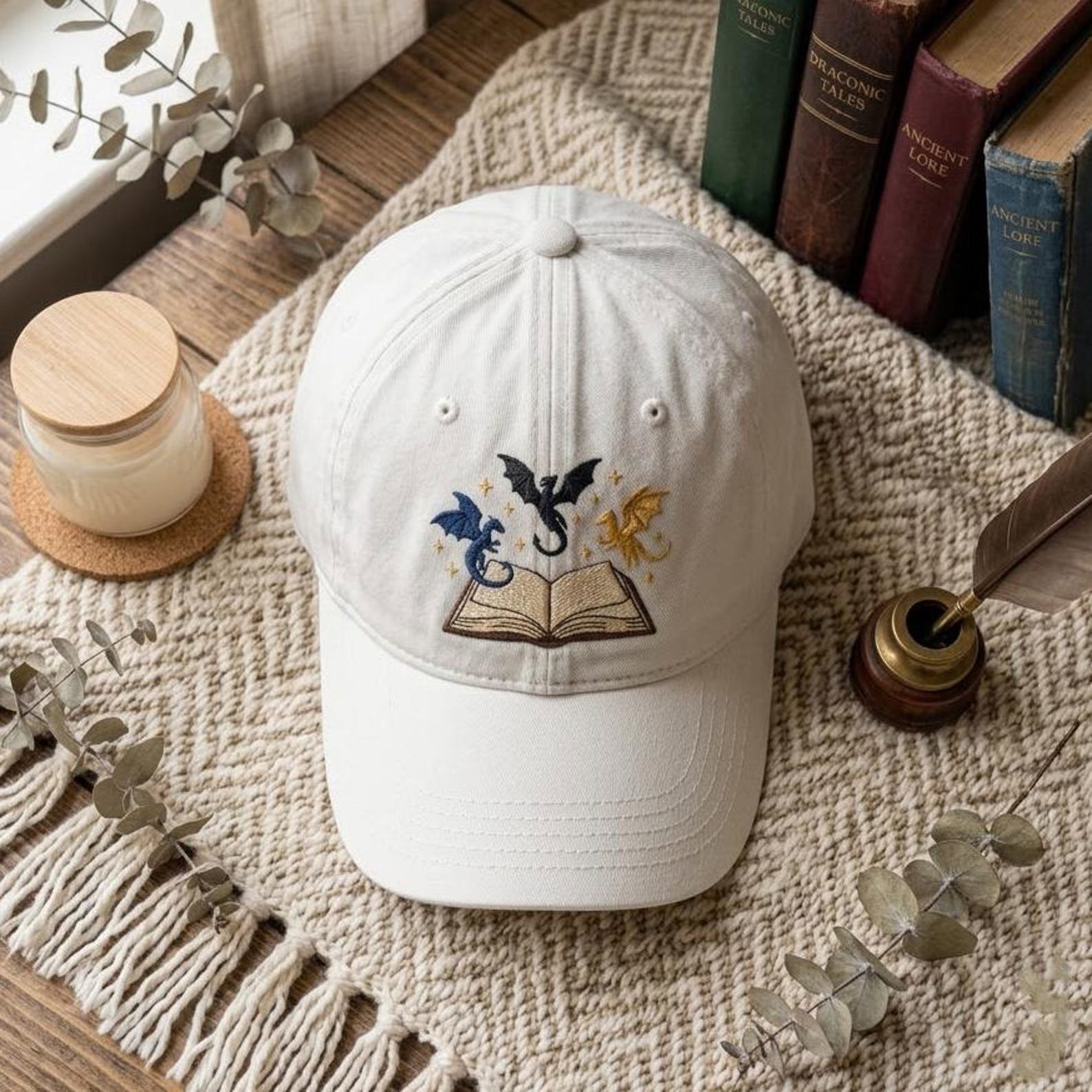 Embroidered Book Dragon Washed Hat, Fantasy Reader Baseball Cap, Magical Library Dad Hat, Bookworm Gift, Whimsical Reading Style Cap 5