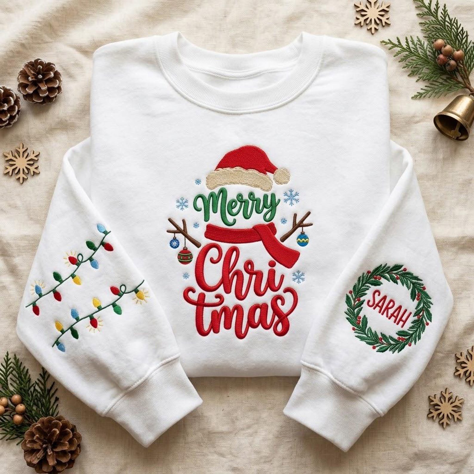 Personalized Christmas Embroidered Sweatshirt, Merry Christmas Snowman Crewneck, Custom Name Wreath Sleeve, Festive Holiday Lights Gift 1