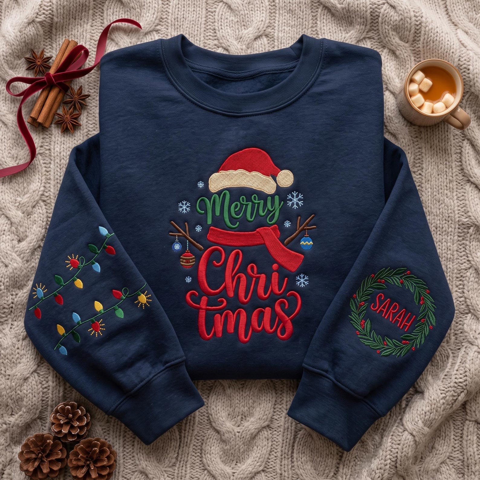 Personalized Christmas Embroidered Sweatshirt, Merry Christmas Snowman Crewneck, Custom Name Wreath Sleeve, Festive Holiday Lights Gift 2