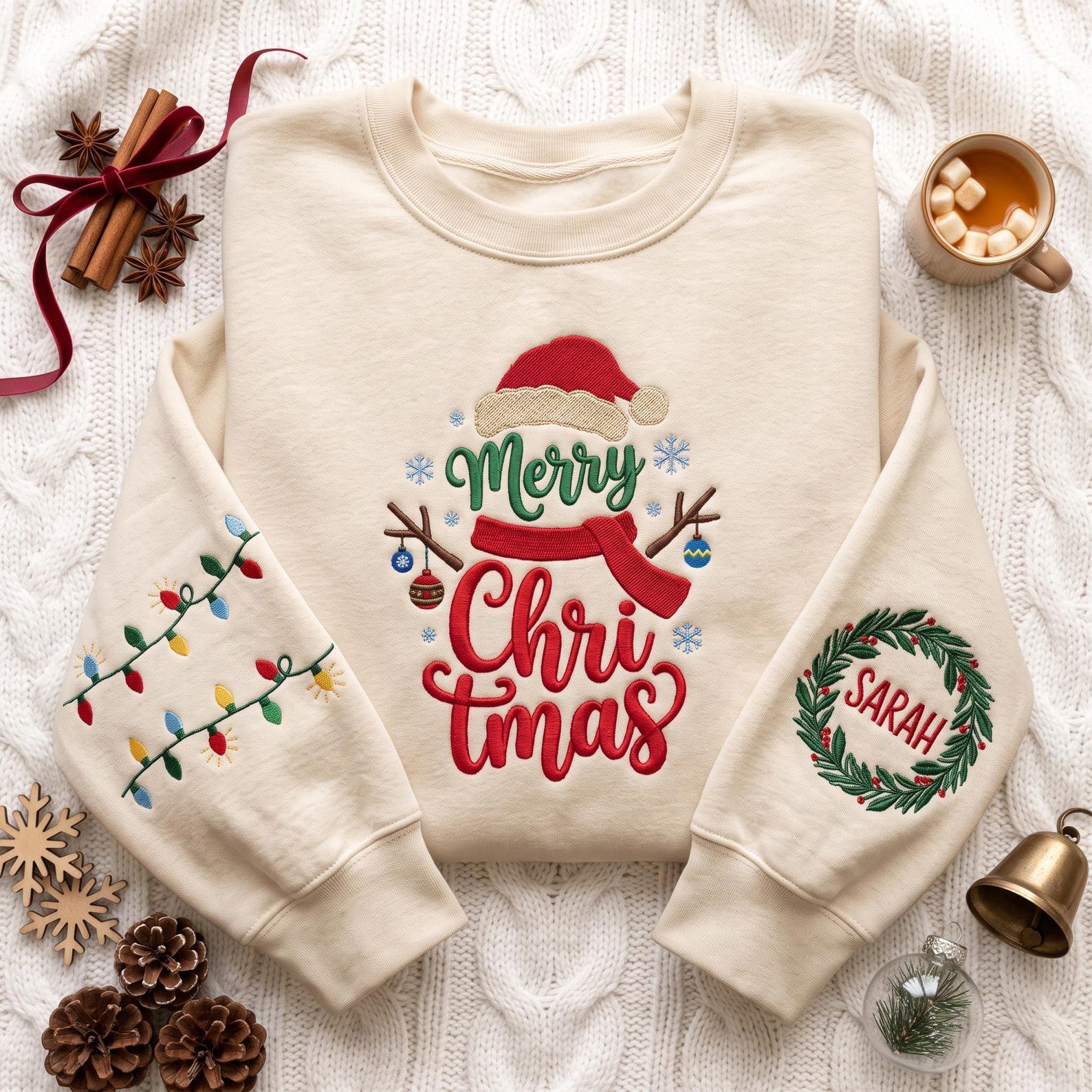 Personalized Christmas Embroidered Sweatshirt, Merry Christmas Snowman Crewneck, Custom Name Wreath Sleeve, Festive Holiday Lights Gift 3
