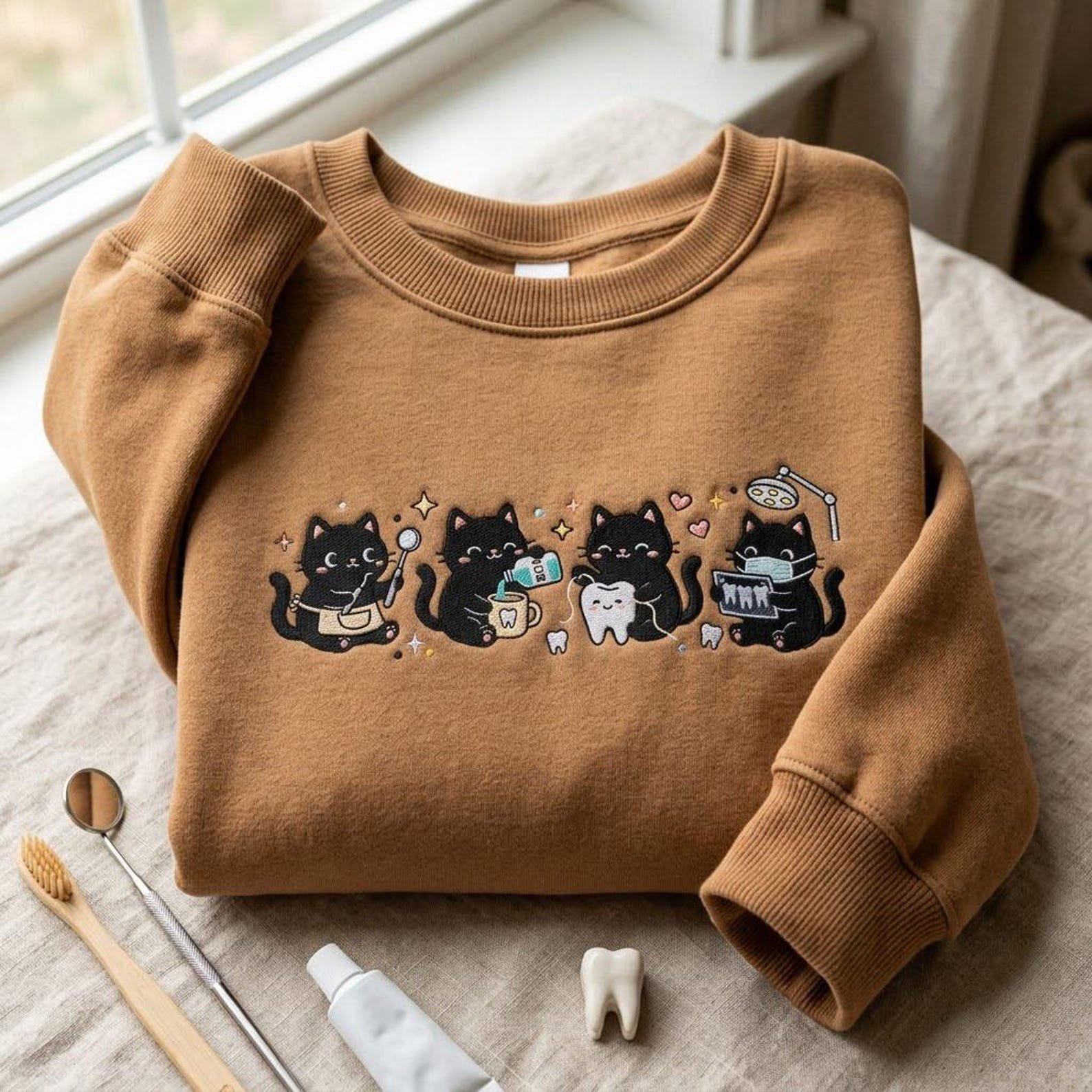 Cute Black Cat Dental Sweatshirt, Embroidered Dentist Office Shirt, Funny Hygienist Gift, Cat Lover Tooth Care Crewneck Apparel 1