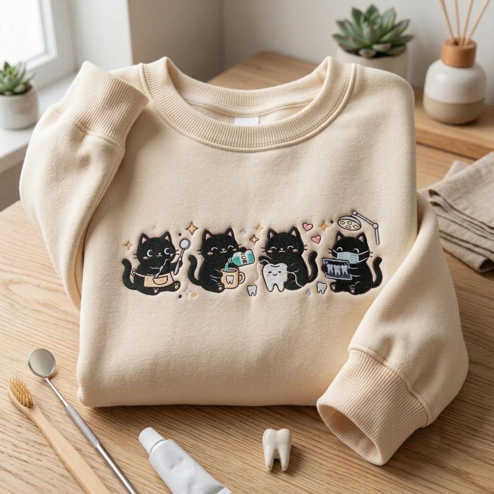 Cute Black Cat Dental Sweatshirt, Embroidered Dentist Office Shirt, Funny Hygienist Gift, Cat Lover Tooth Care Crewneck Apparel 2