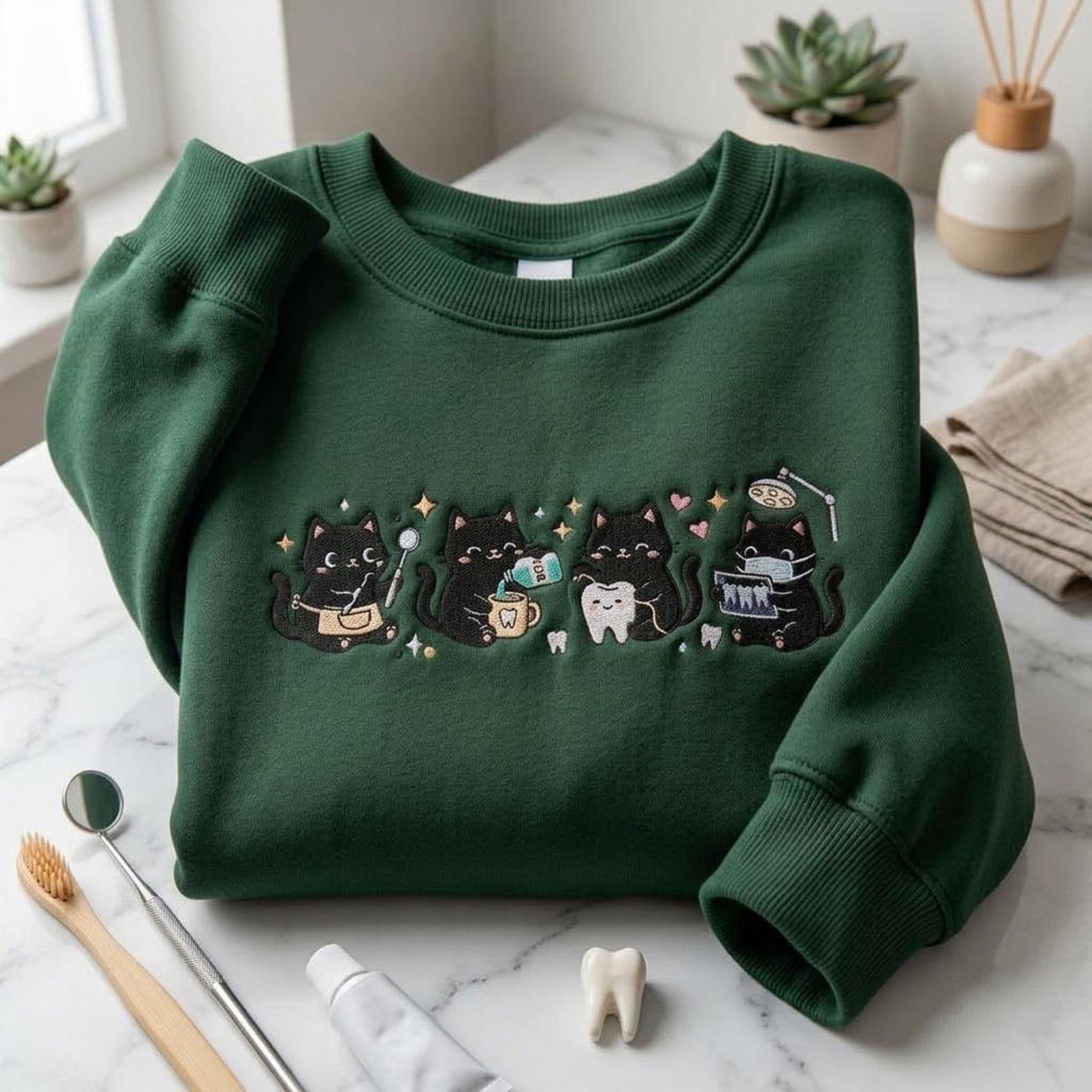 Cute Black Cat Dental Sweatshirt, Embroidered Dentist Office Shirt, Funny Hygienist Gift, Cat Lover Tooth Care Crewneck Apparel 3