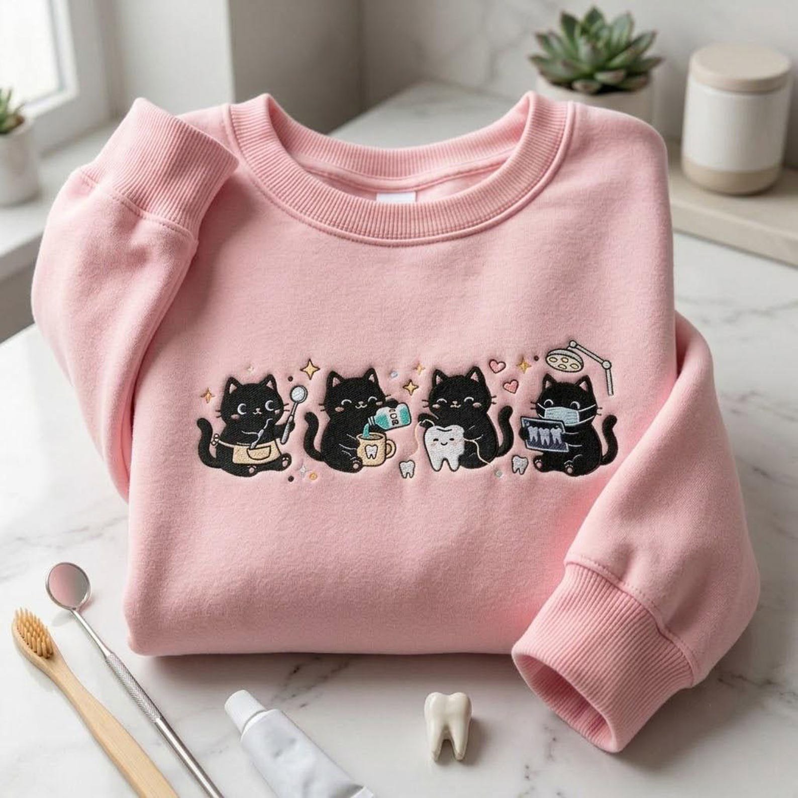 Cute Black Cat Dental Sweatshirt, Embroidered Dentist Office Shirt, Funny Hygienist Gift, Cat Lover Tooth Care Crewneck Apparel 4