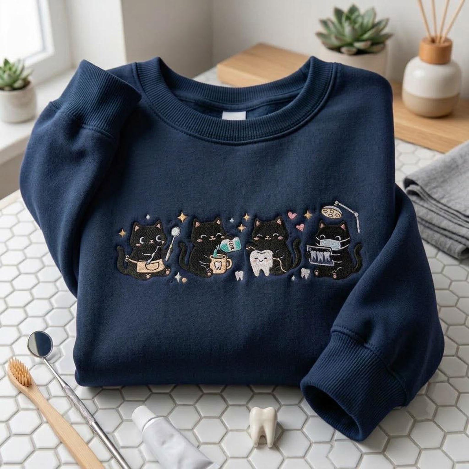 Cute Black Cat Dental Sweatshirt, Embroidered Dentist Office Shirt, Funny Hygienist Gift, Cat Lover Tooth Care Crewneck Apparel 5