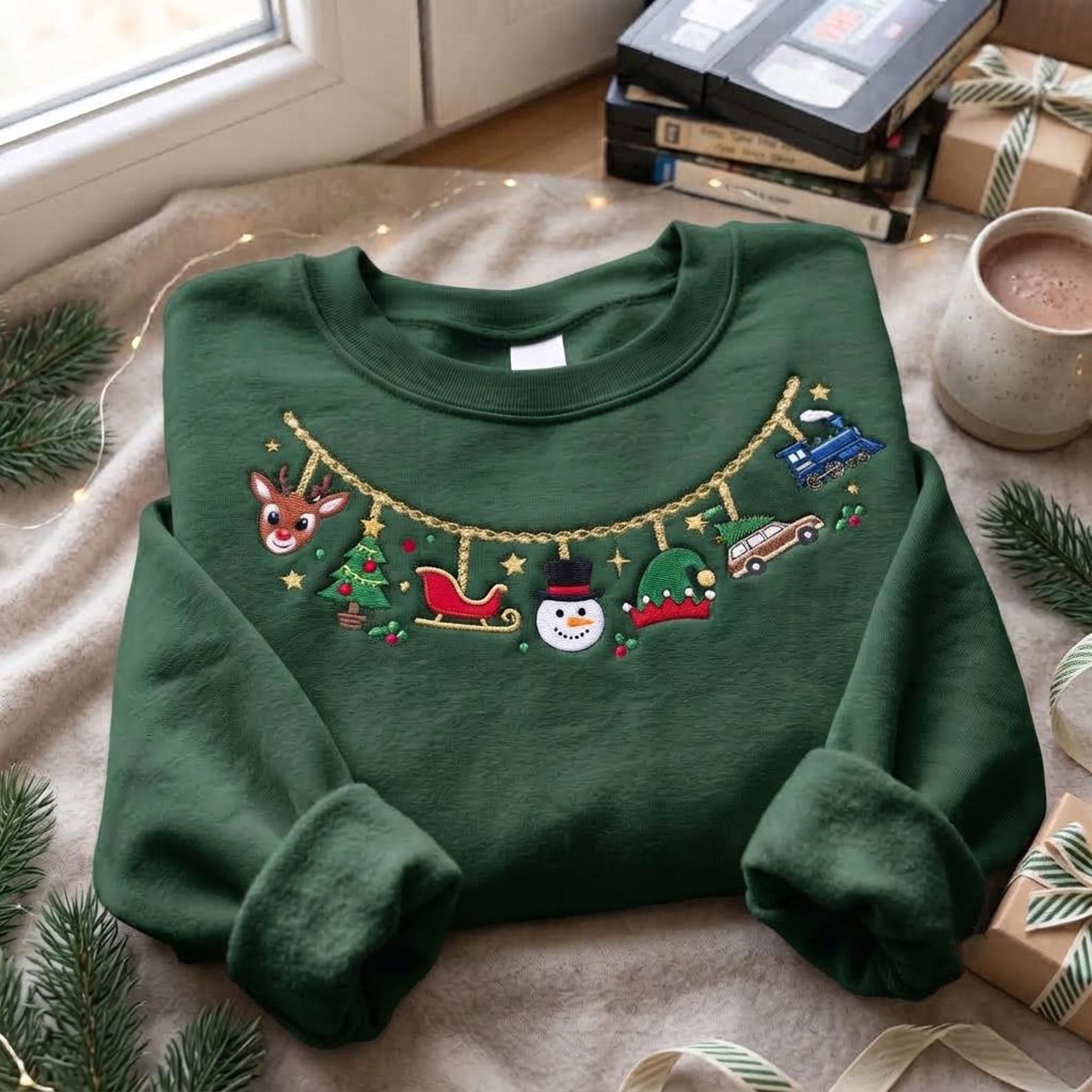Christmas Charm Necklace Embroidered Sweatshirt, Reindeer Snowman Sleigh Tree Crewneck, Cute Holiday Icons Festive Xmas Gift Shirt 2