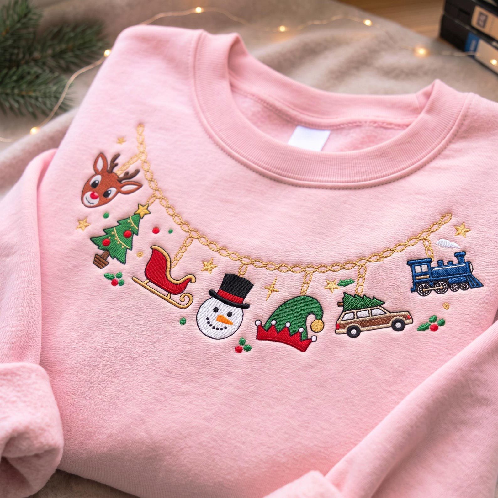 Christmas Charm Necklace Embroidered Sweatshirt, Reindeer Snowman Sleigh Tree Crewneck, Cute Holiday Icons Festive Xmas Gift Shirt 3