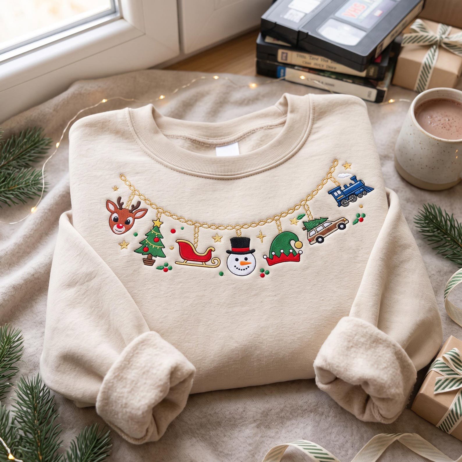 Christmas Charm Necklace Embroidered Sweatshirt, Reindeer Snowman Sleigh Tree Crewneck, Cute Holiday Icons Festive Xmas Gift Shirt 1