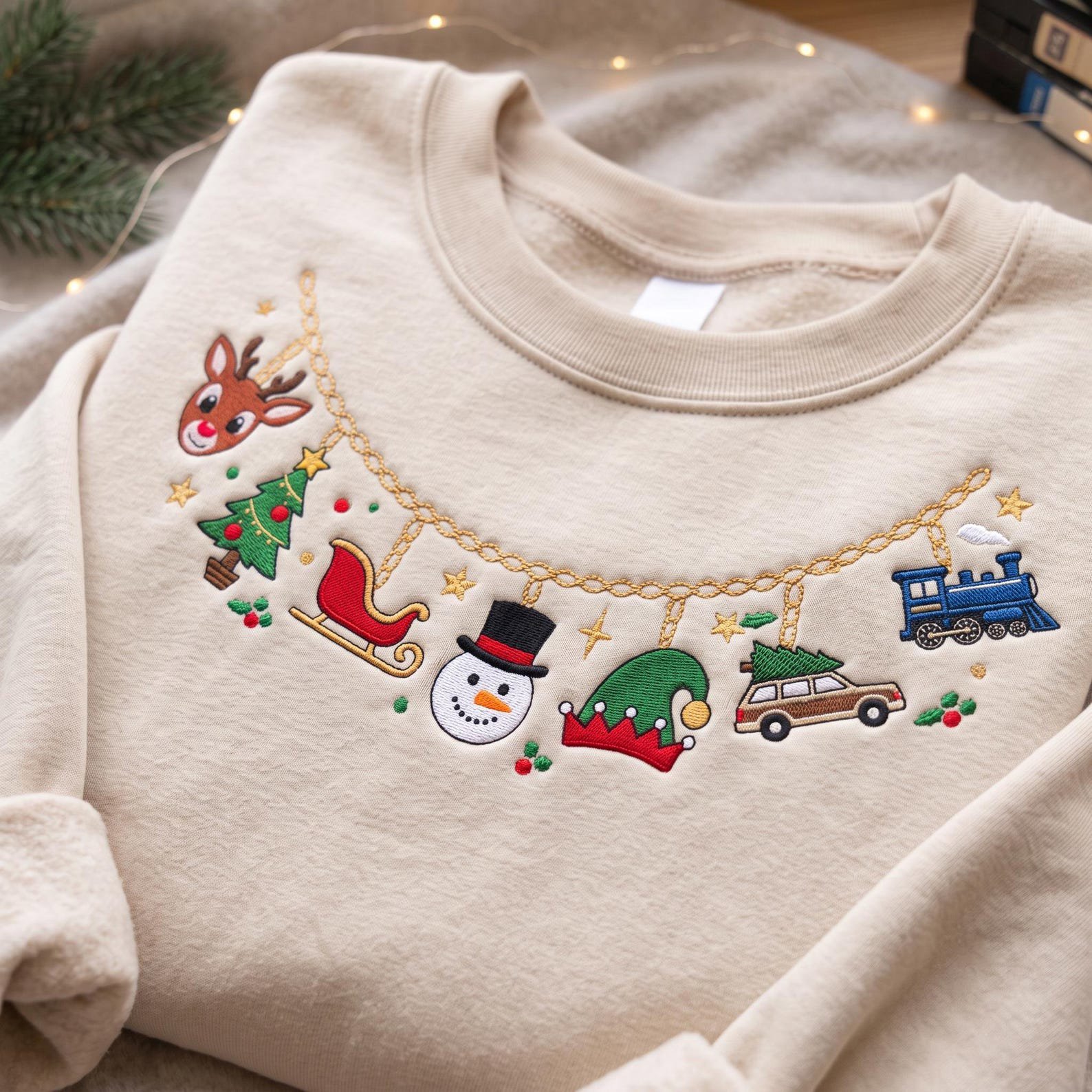 Christmas Charm Necklace Embroidered Sweatshirt, Reindeer Snowman Sleigh Tree Crewneck, Cute Holiday Icons Festive Xmas Gift Shirt 4